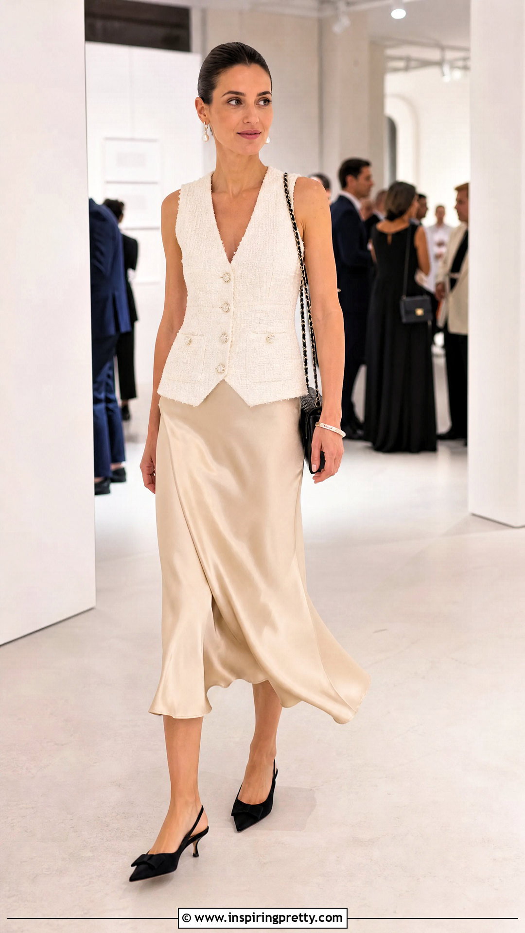 Chanel Vest Top With Satin Midi Skirt And Kitten Heels - 25 chanel vest top outfit ideas