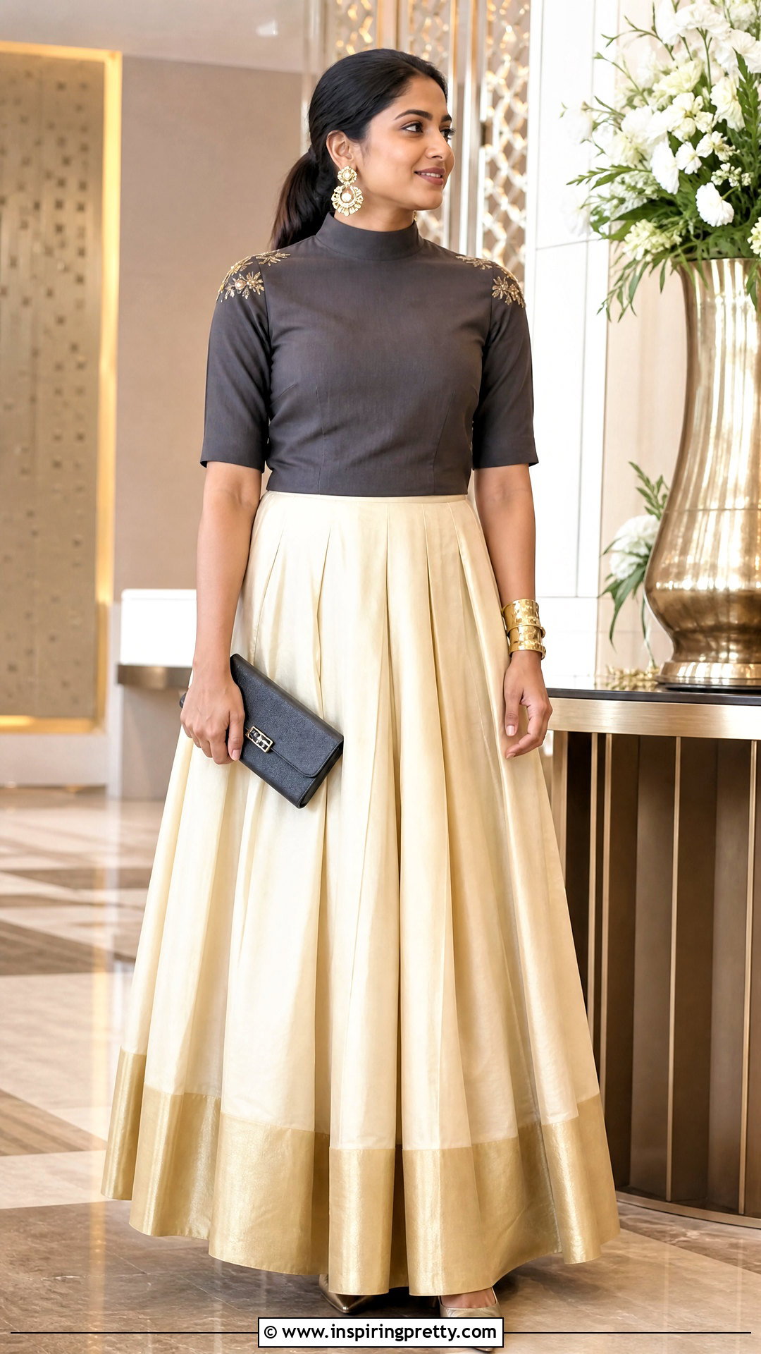 Charcoal Gray Top And Tissue Onam Skirt - 50 latest onam skirt and top designs