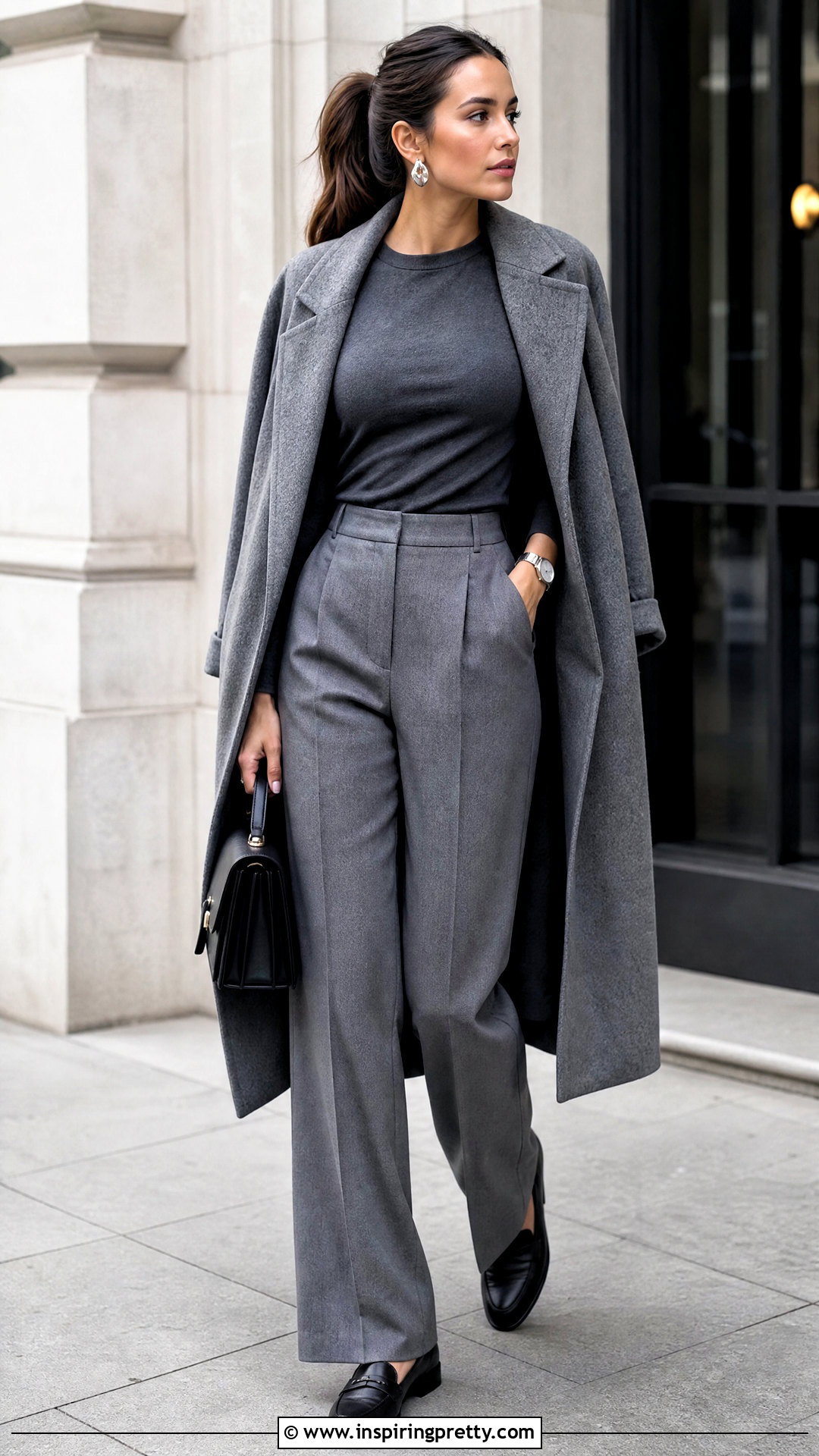 Charcoal Long Sleeve Top With Gray Trousers - 20 Neutral Color Tops Collections