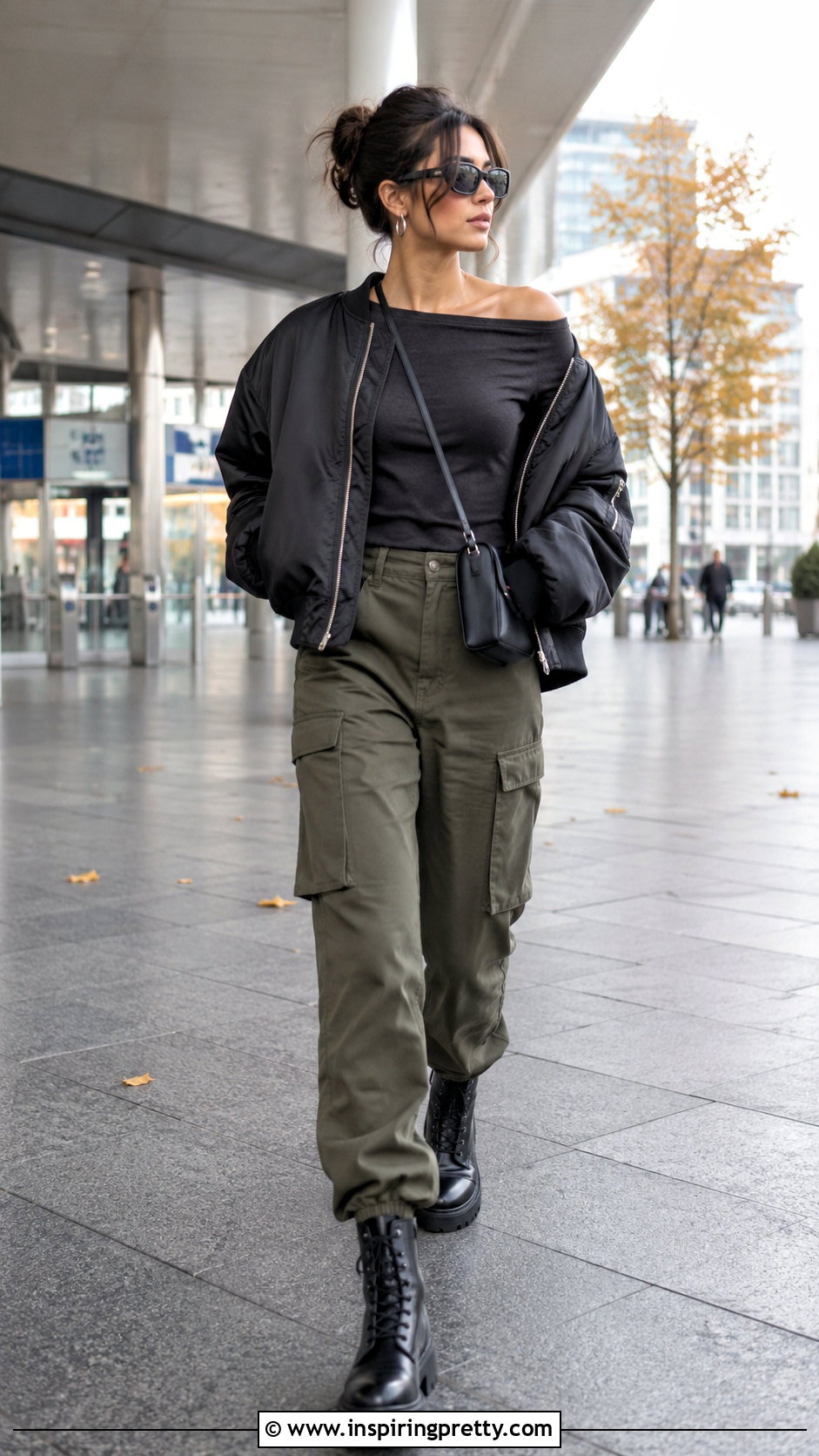 Charcoal Off the Shoulder Top With Cargo Pants - 20 off-the-shoulder top fall fashion outfit ideas