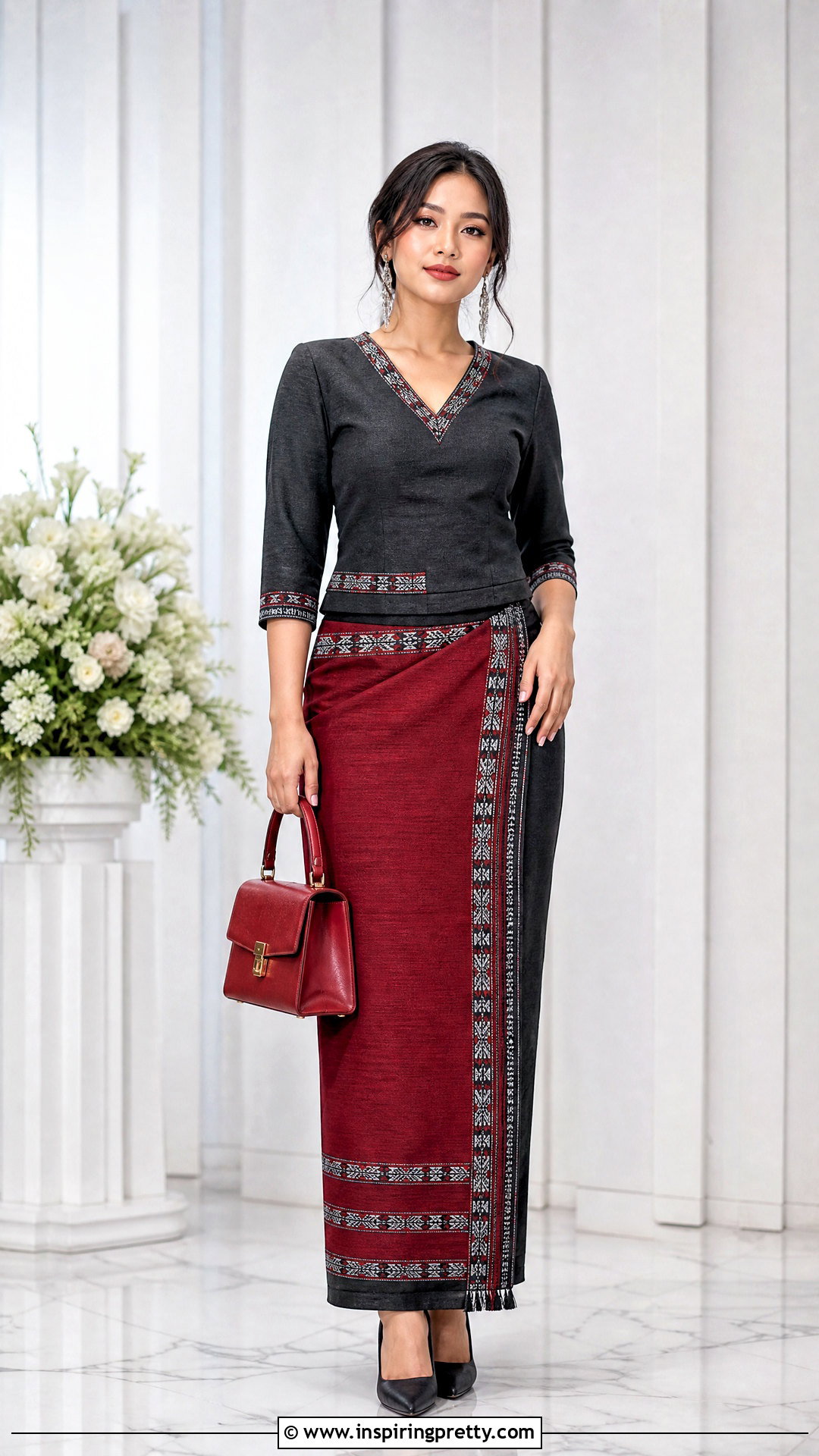 Charcoal V Neck Mizo Top With Red Skirt - 50 mizo tops designs
