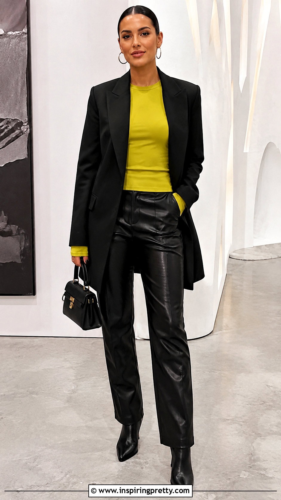 Chartreuse Long Sleeve Top With Black Leather Pants - 20 chartreuse long sleeve top outfit ideas