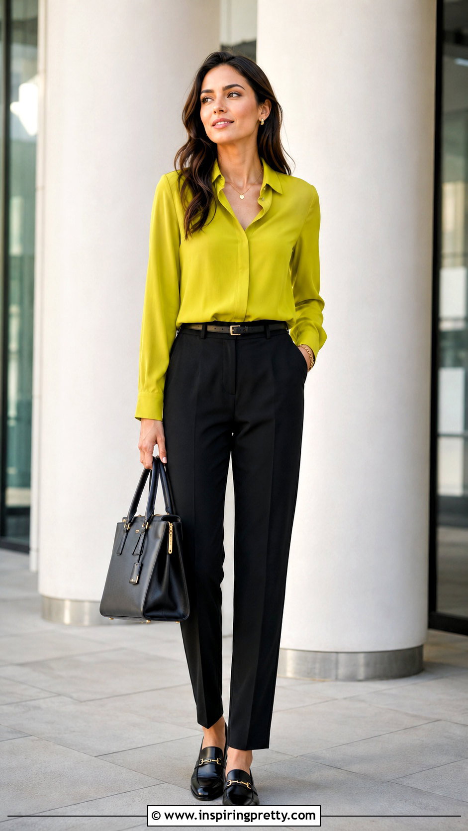 Chartreuse Long Sleeve Top With Black Trousers - 20 chartreuse long sleeve top outfit ideas