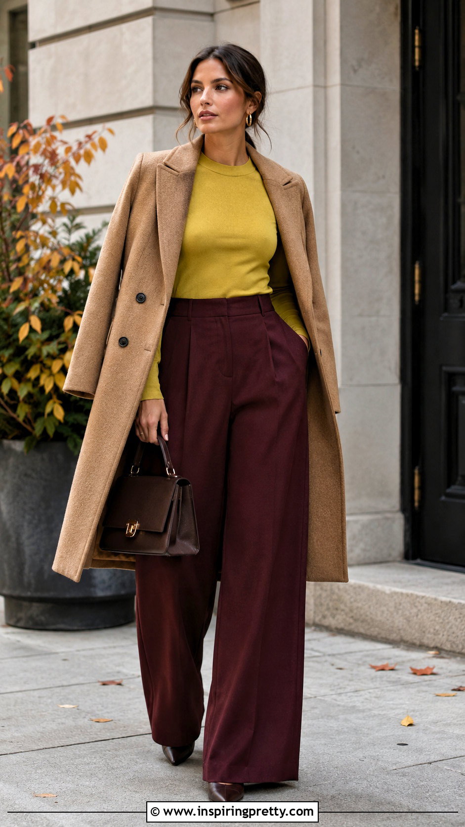 Chartreuse Long Sleeve Top With Burgundy Trousers - 20 chartreuse long sleeve top outfit ideas