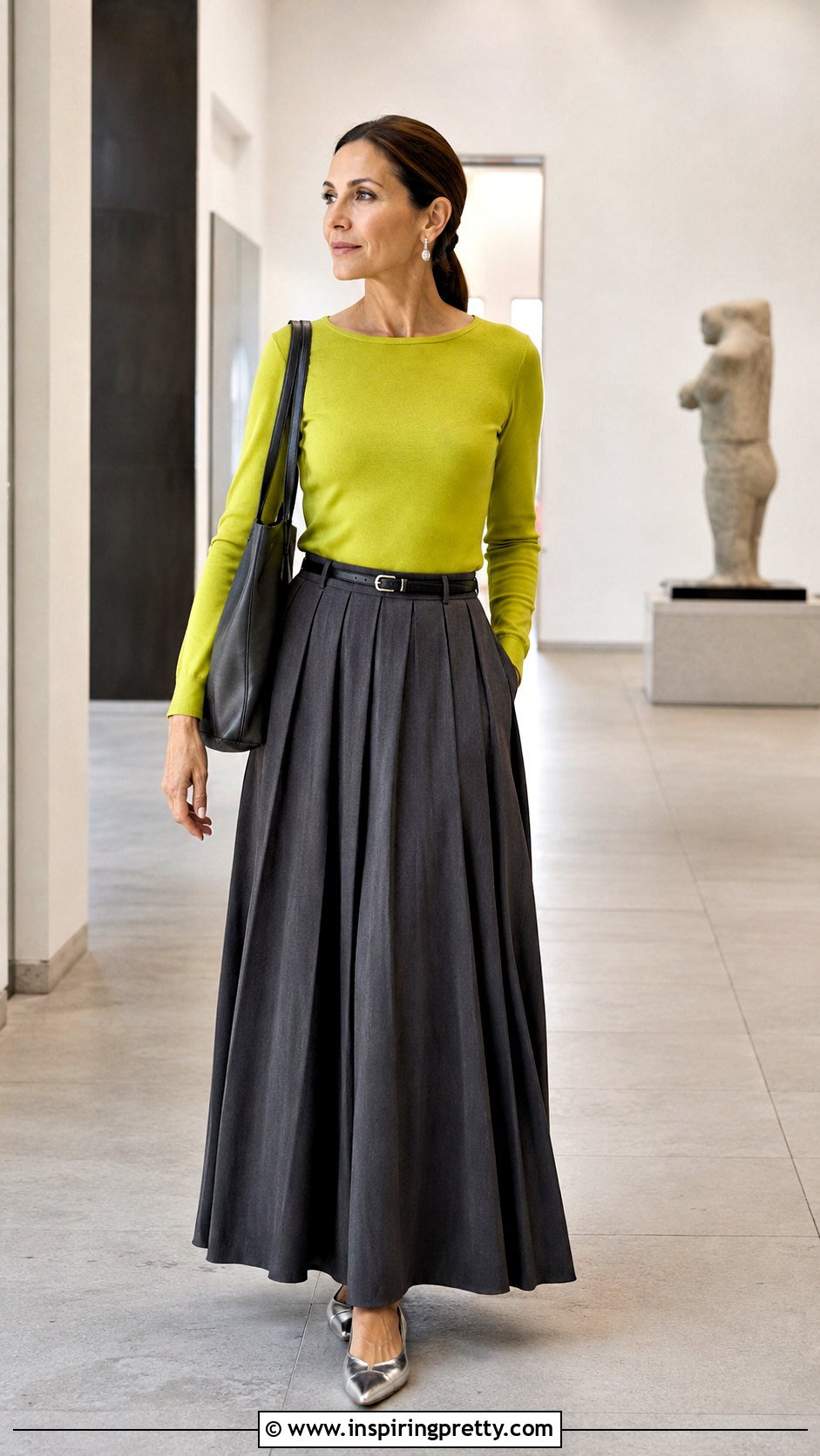 Chartreuse Long Sleeve Top With Charcoal Maxi Skirt - 20 chartreuse long sleeve top outfit ideas