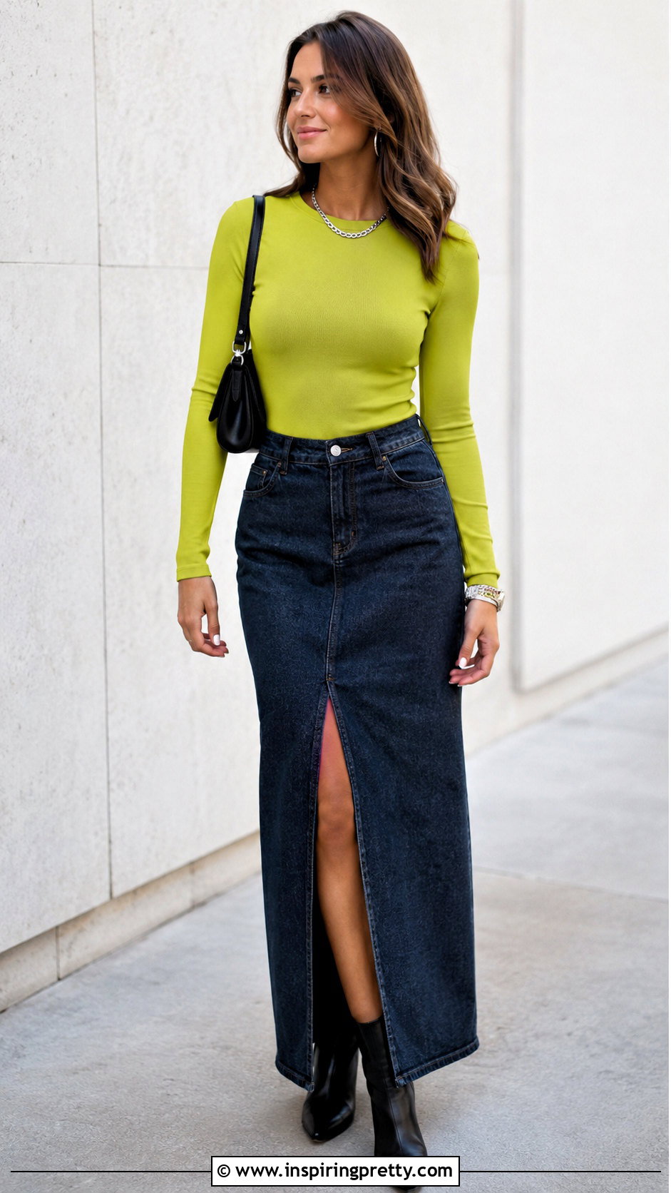 Chartreuse Long Sleeve Top With Denim Maxi Skirt - 20 chartreuse long sleeve top outfit ideas