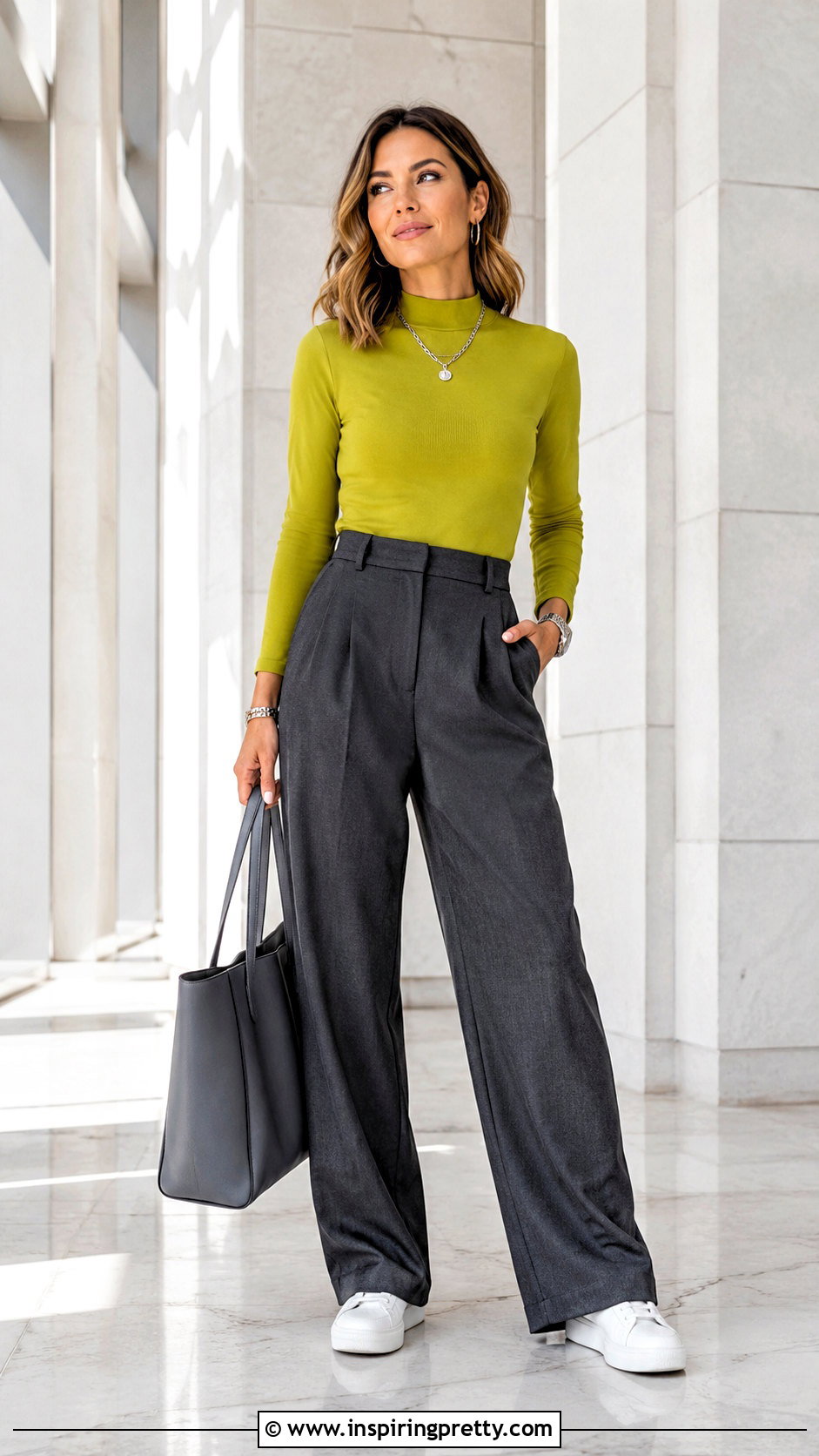 Chartreuse Long Sleeve Top With Gray Tailored Pants - 20 chartreuse long sleeve top outfit ideas