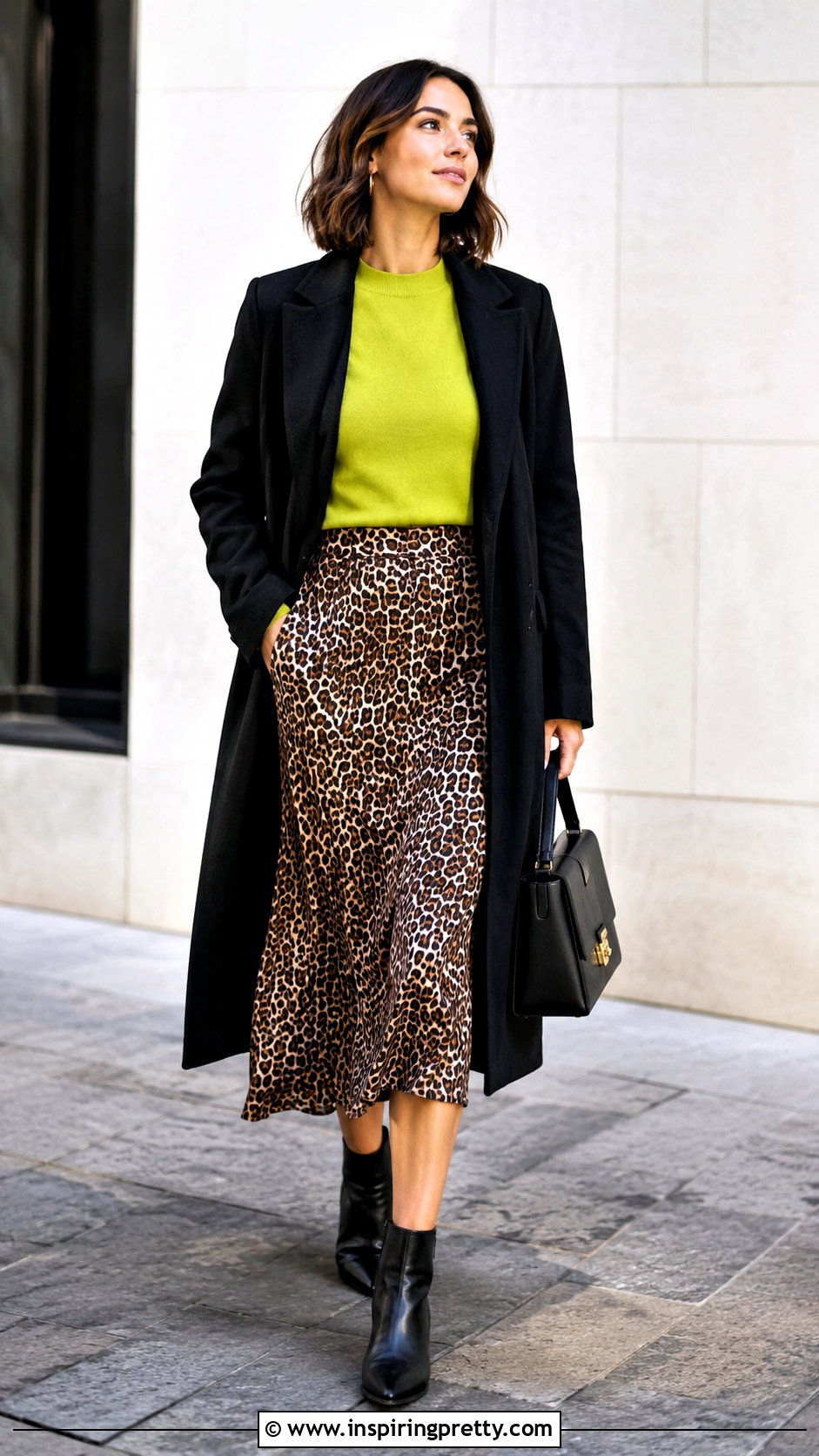 Chartreuse Long Sleeve Top With Leopard Midi Skirt - 20 chartreuse long sleeve top outfit ideas