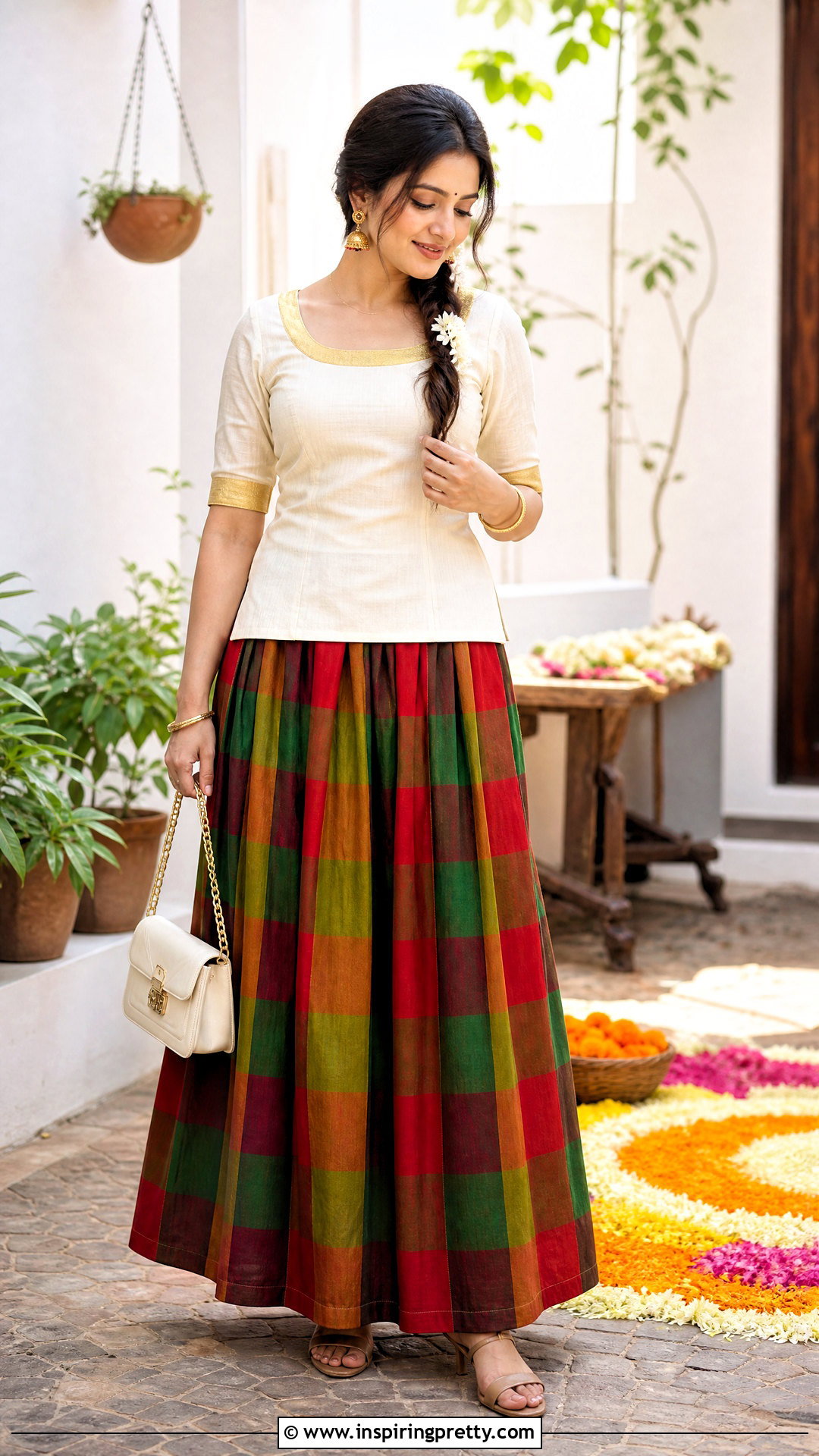 Checked Skirt And Plain Kasavu Top - 50 onam skirt and top designs