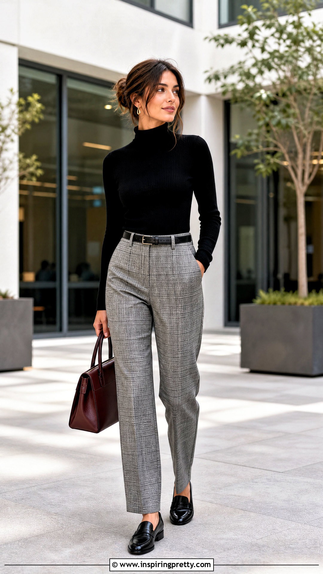 Checked Trouser And Black Knit Top Outfit - 50 Trouser And Top outfit ideas