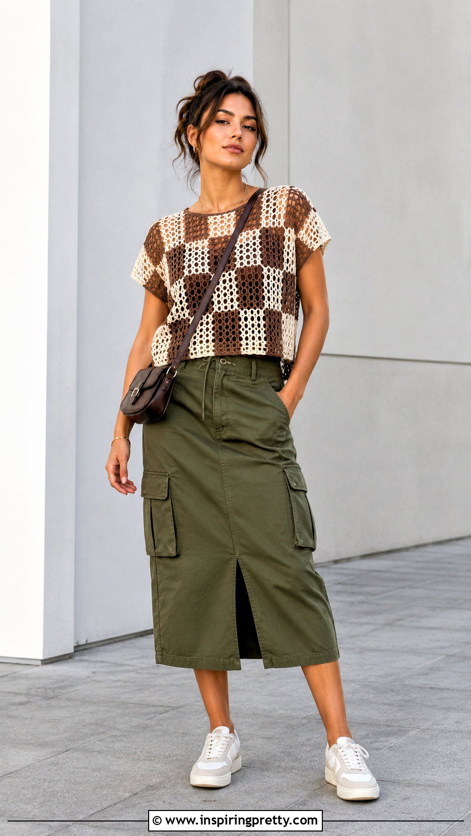 Checkerboard Crochet Mesh Top With Cargo Skirt - 50 mesh top crochet ideas