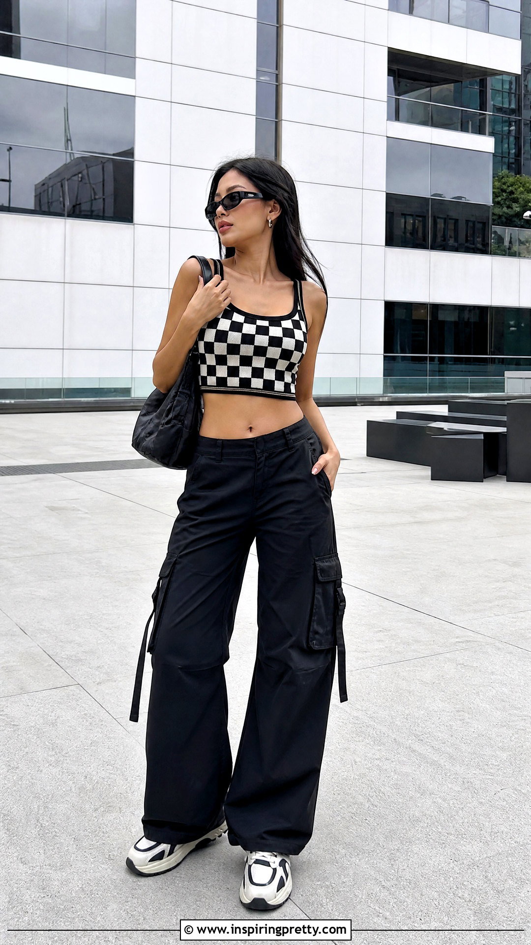 Checkerboard Crochet Y K Top With Black Cargo Pants - 50 crochet y2k top outfit ideas