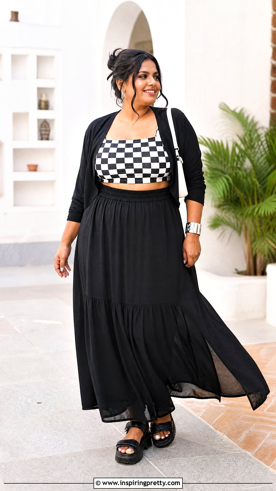 Checkerboard Crop Top With Black Maxi Skirt - 20 checkerboard crop top outfit ideas