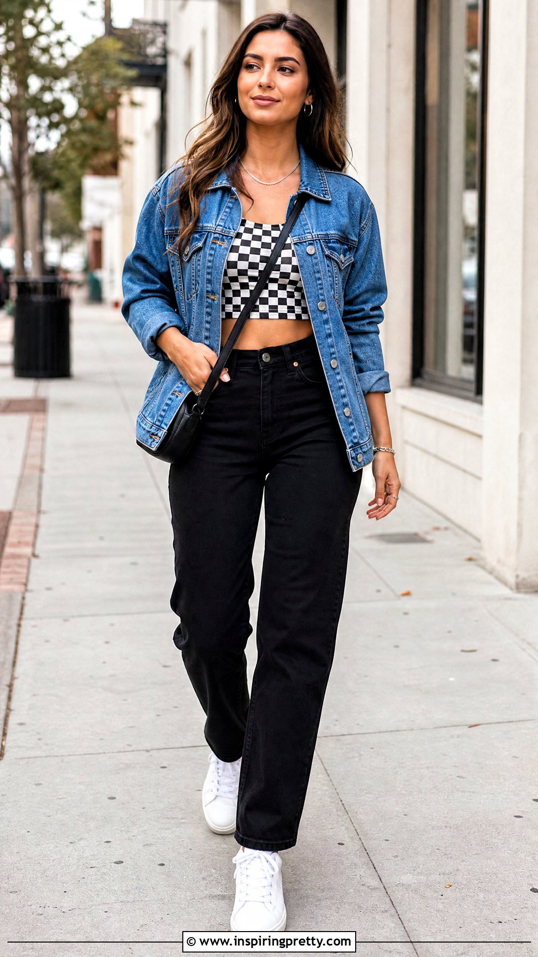 Checkerboard Crop Top With Denim Jacket And Black Jeans - 20 checkerboard crop top outfit ideas