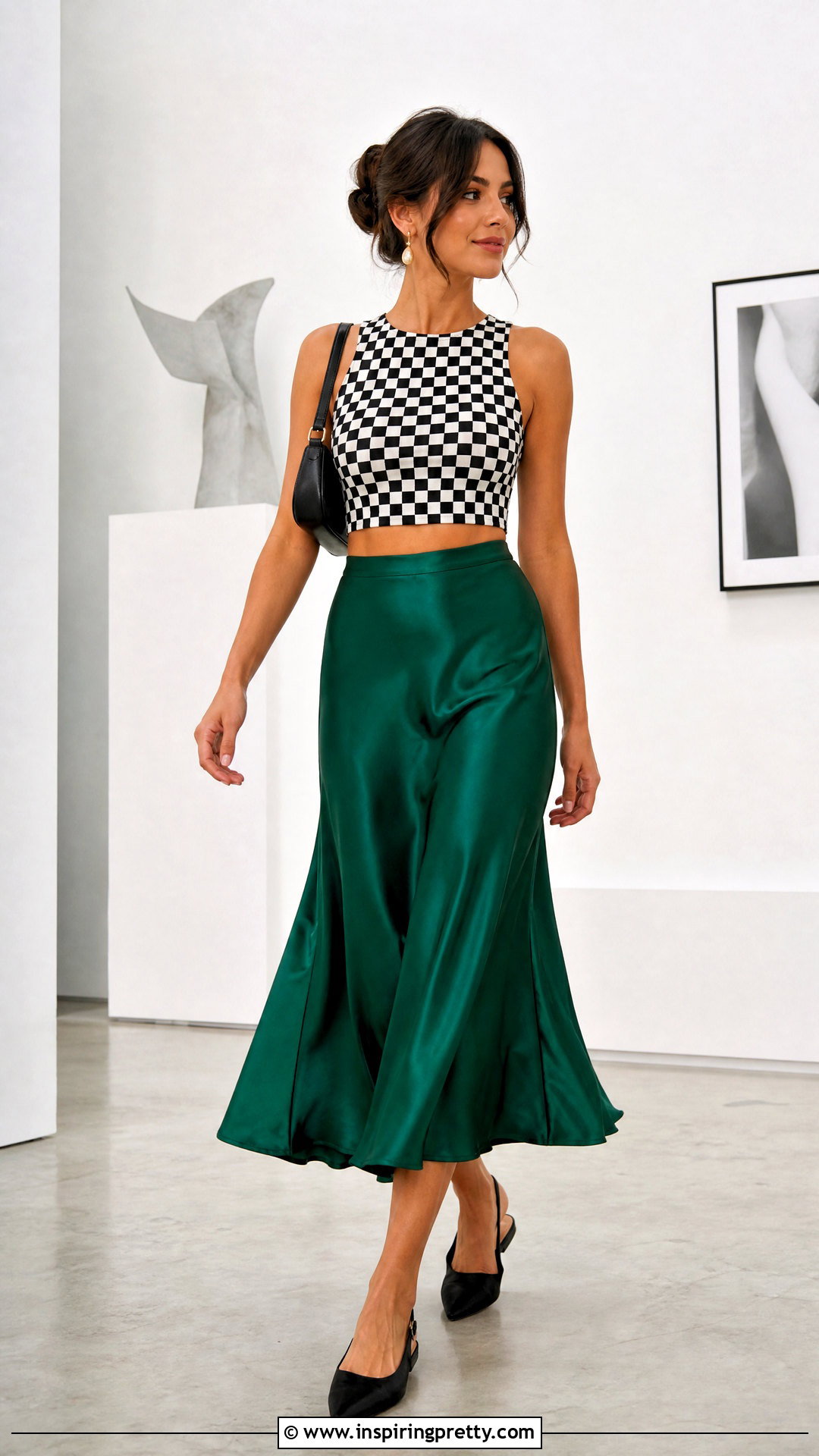 Checkerboard Crop Top With Satin Midi Skirt - 20 checkerboard crop top outfit ideas