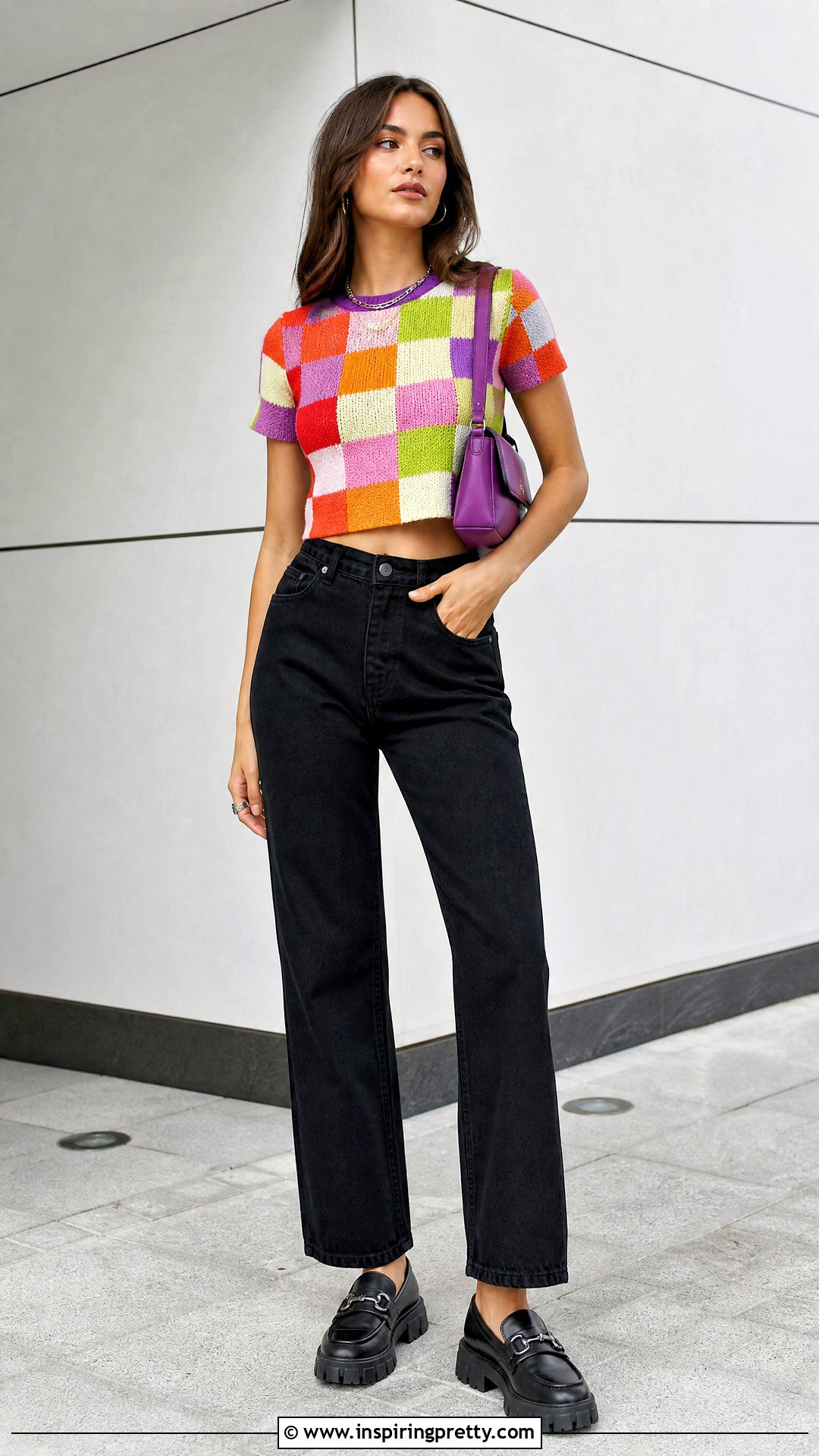Checkerboard Patterned Top With Black Jeans - 20 Colorful Patterned Top Outfit ideas