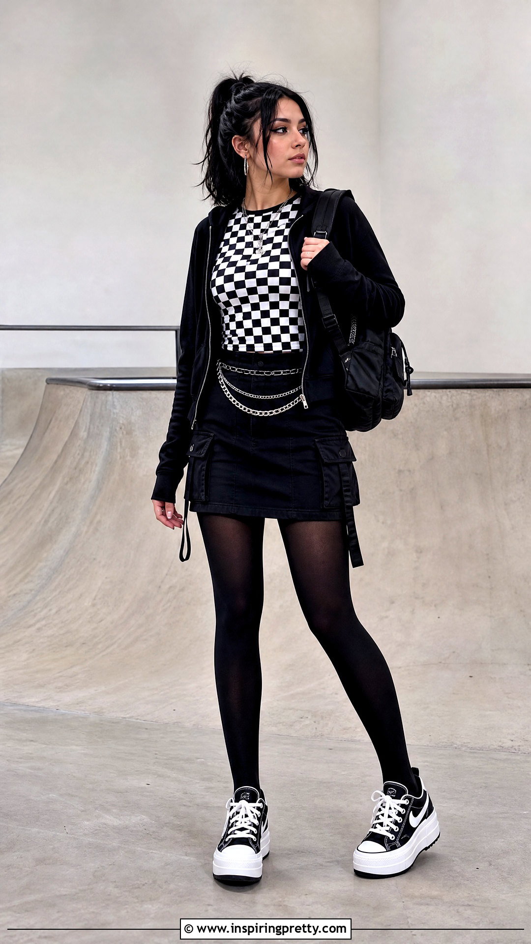 Checkerboard Top And Black Cargo Skirt Emo Outfit - 50 emo top outfit ideas