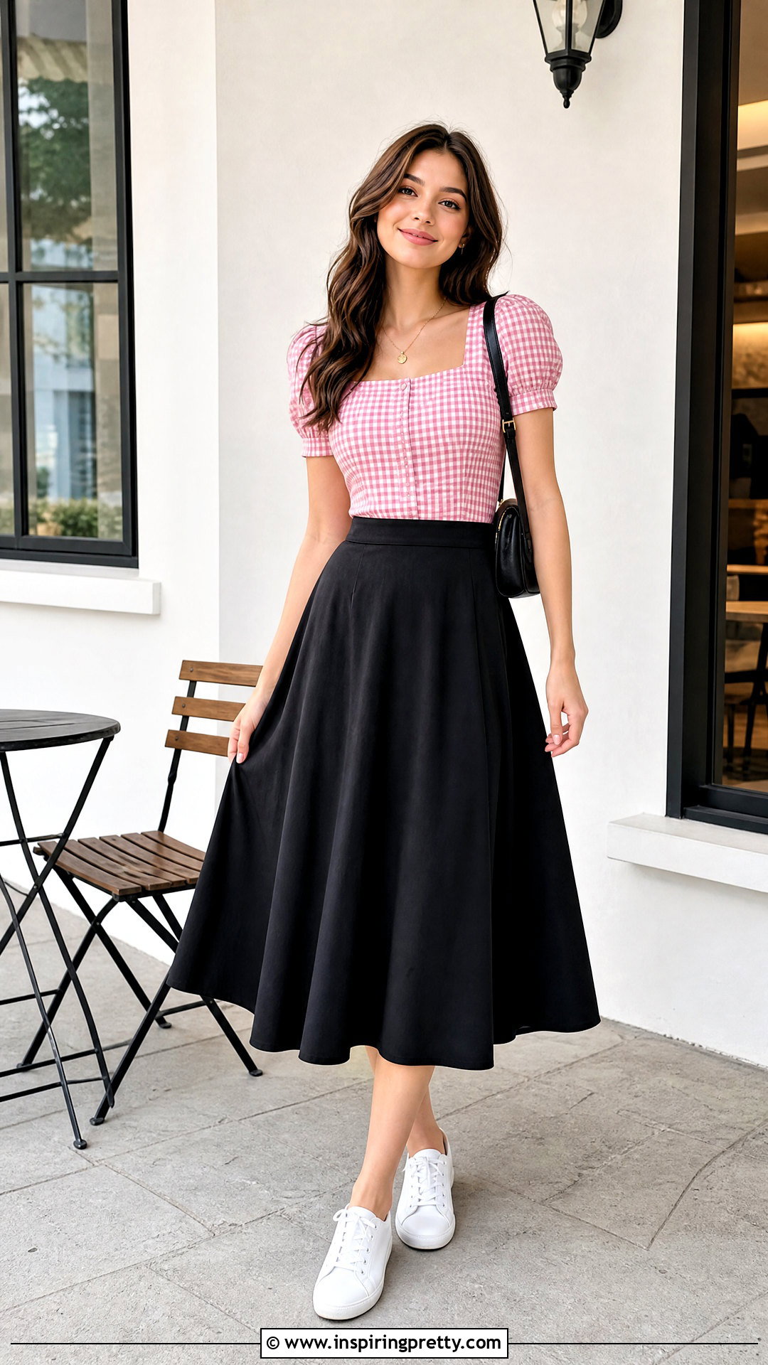 Checkered Top With A Black Midi Skirt - 20 casual checkered top outfit ideas