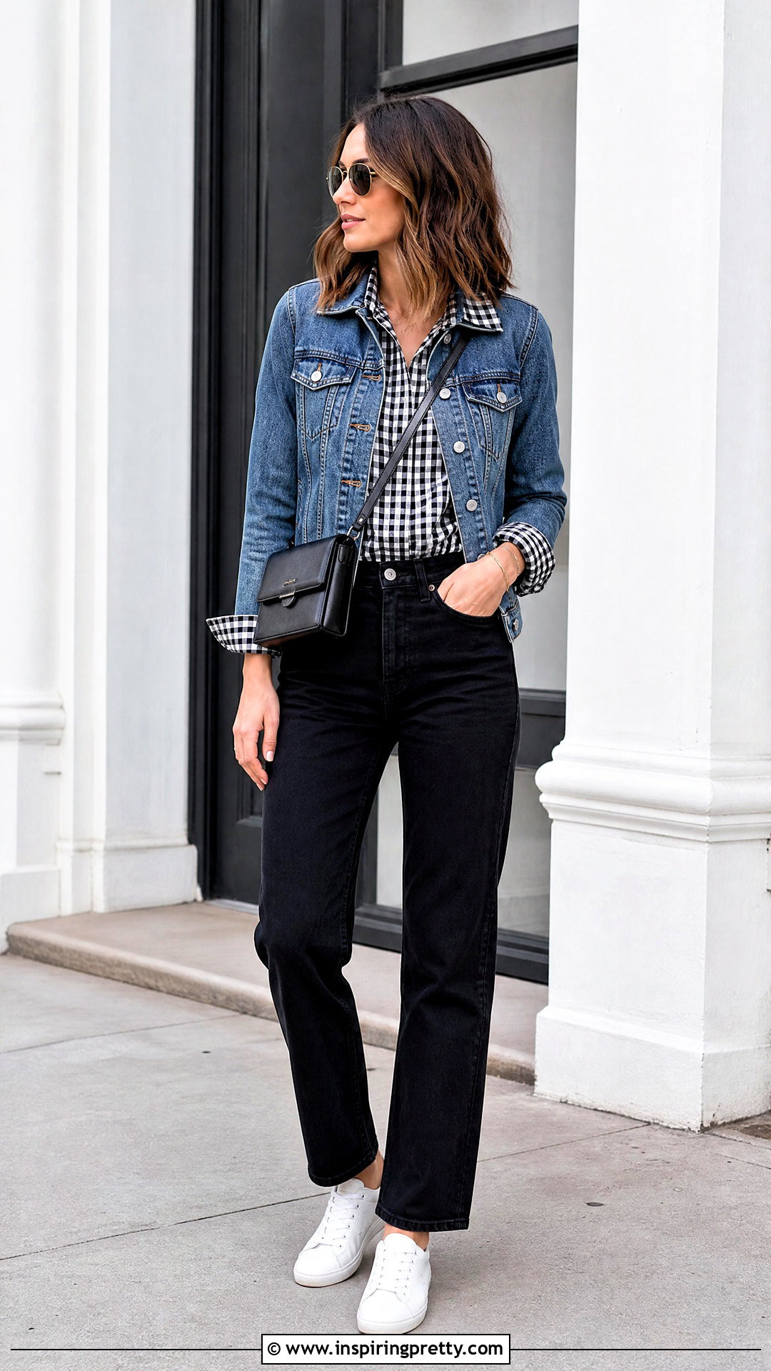 Checkered Top With A Denim Jacket - 20 casual checkered top outfit ideas