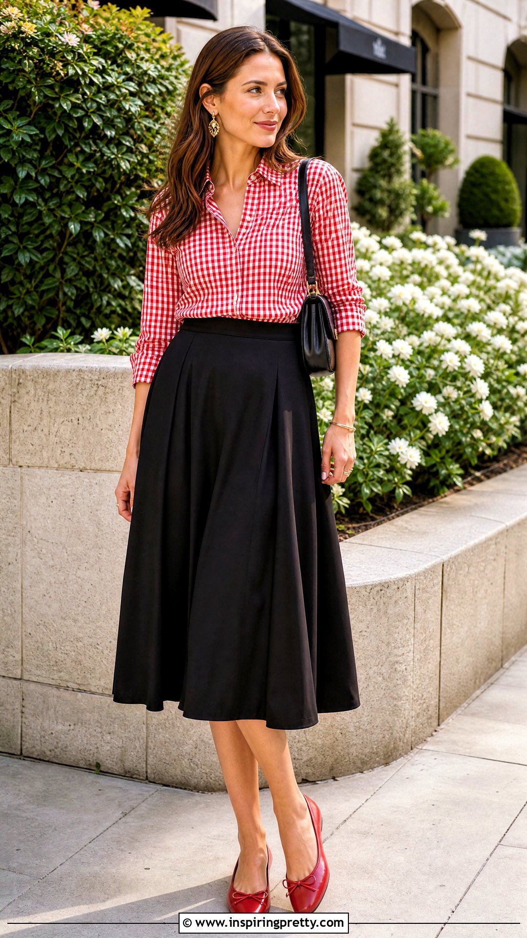 Checkered Top With Black Midi Skirt - 50 checkered top outfit ideas