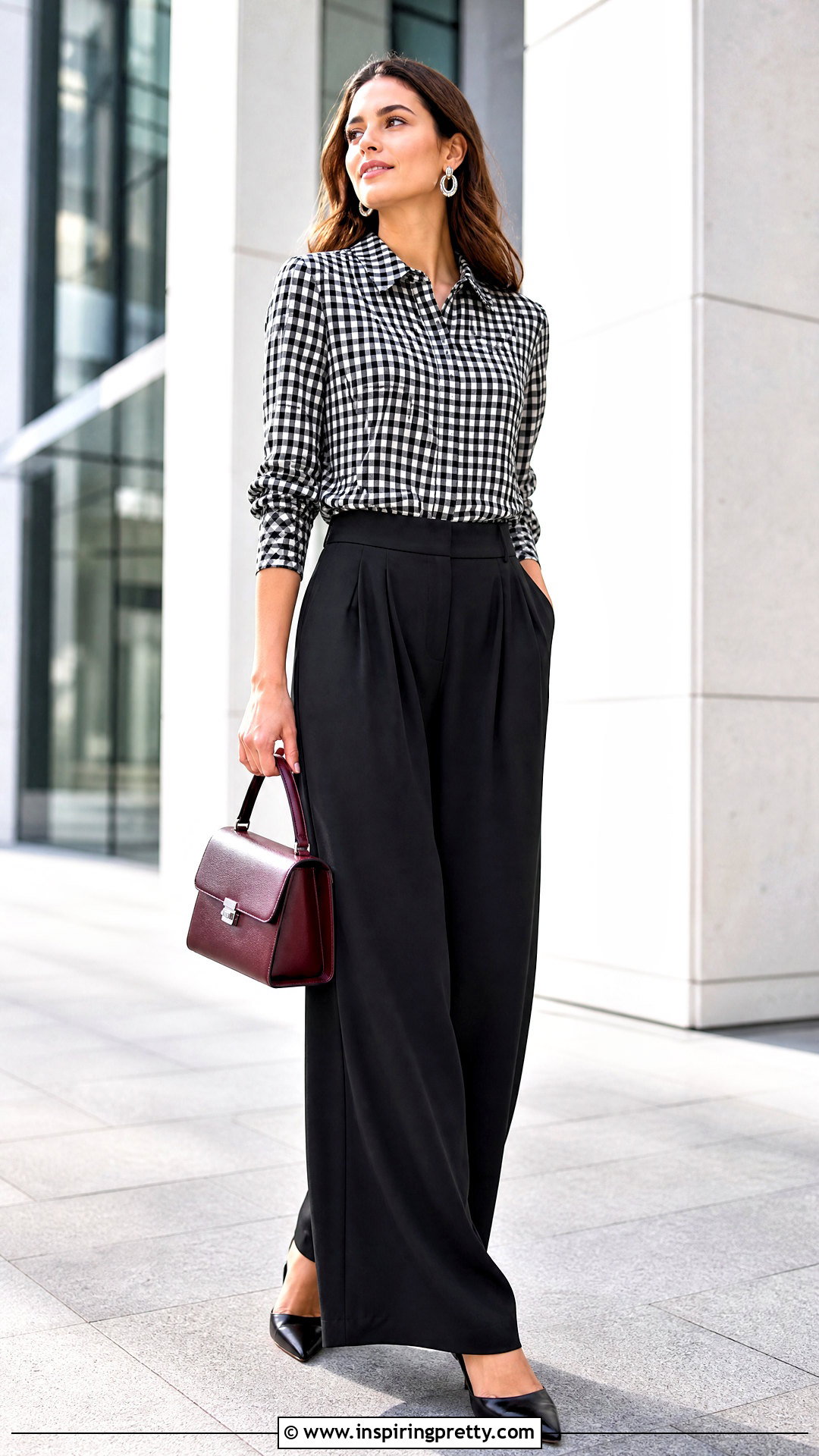 Checkered Top With Black Wide Leg Pants - 50 checkered top outfit ideas