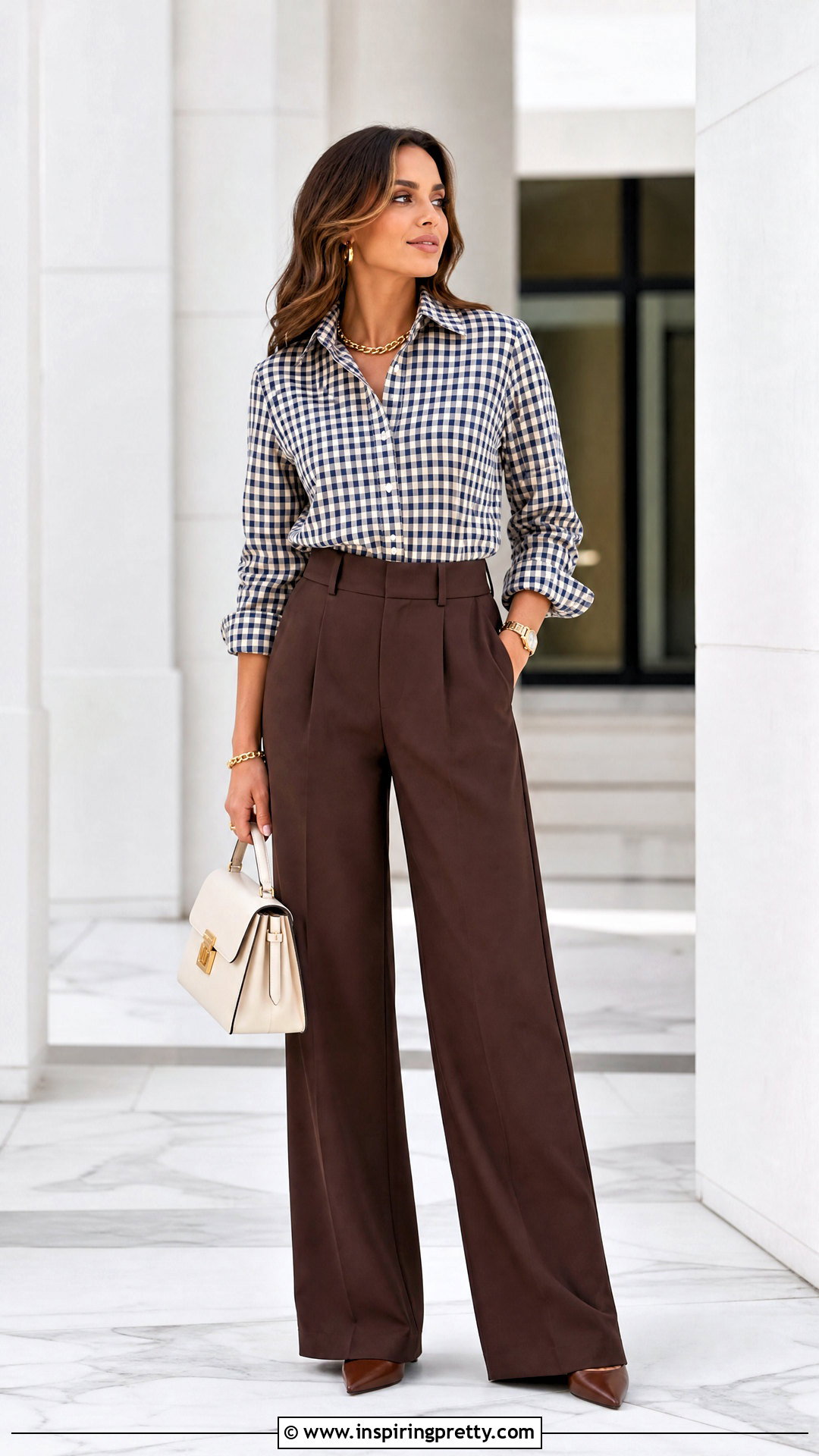 Checkered Top With Brown Trousers - 50 checkered top outfit ideas