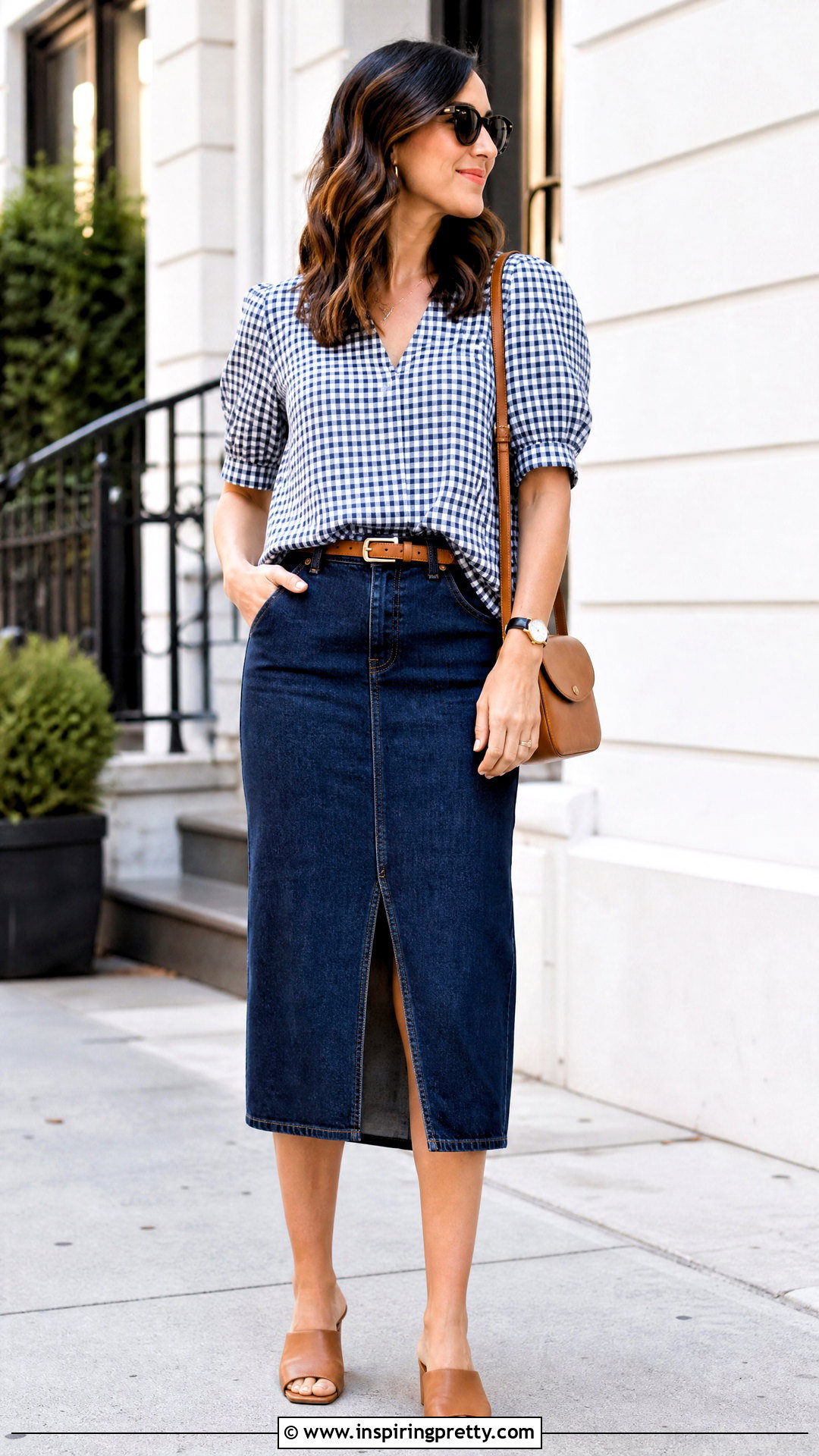 Checkered Top With Denim Midi Skirt - 50 checkered top outfit ideas