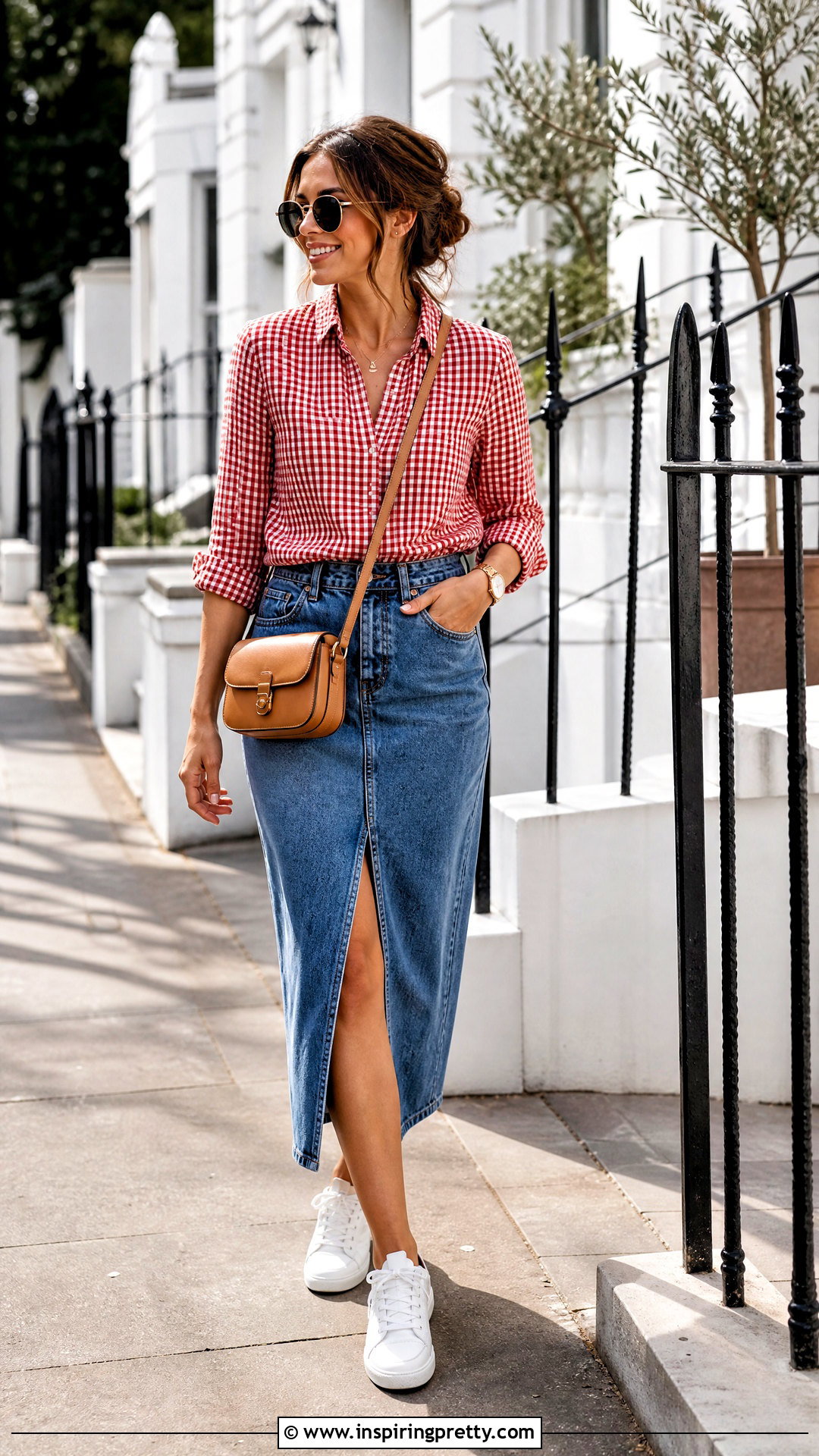 Checkered Top With Denim Midi Skirt - 20 casual checkered top outfit ideas