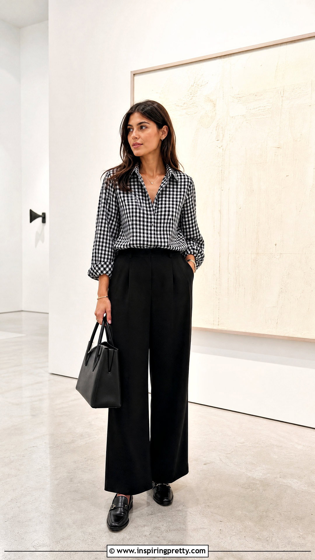 Checkered Top With Monochrome Black Outfit - 50 checkered top outfit ideas