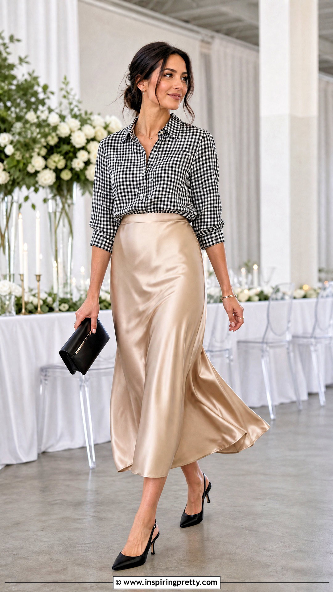 Checkered Top With Satin Skirt - 50 checkered top outfit ideas