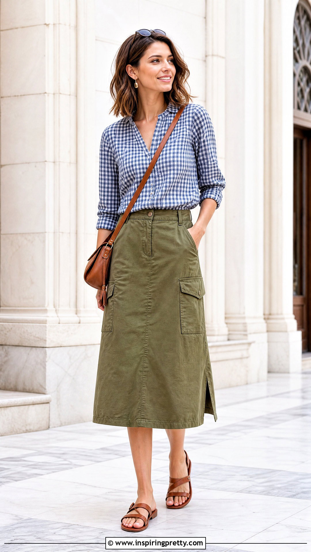 Checkered Top With Utility Skirt - 50 checkered top outfit ideas