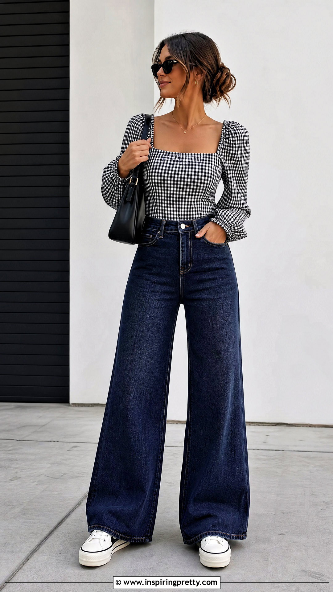 Checkered Top With Wide Leg Jeans - 20 casual checkered top outfit ideas