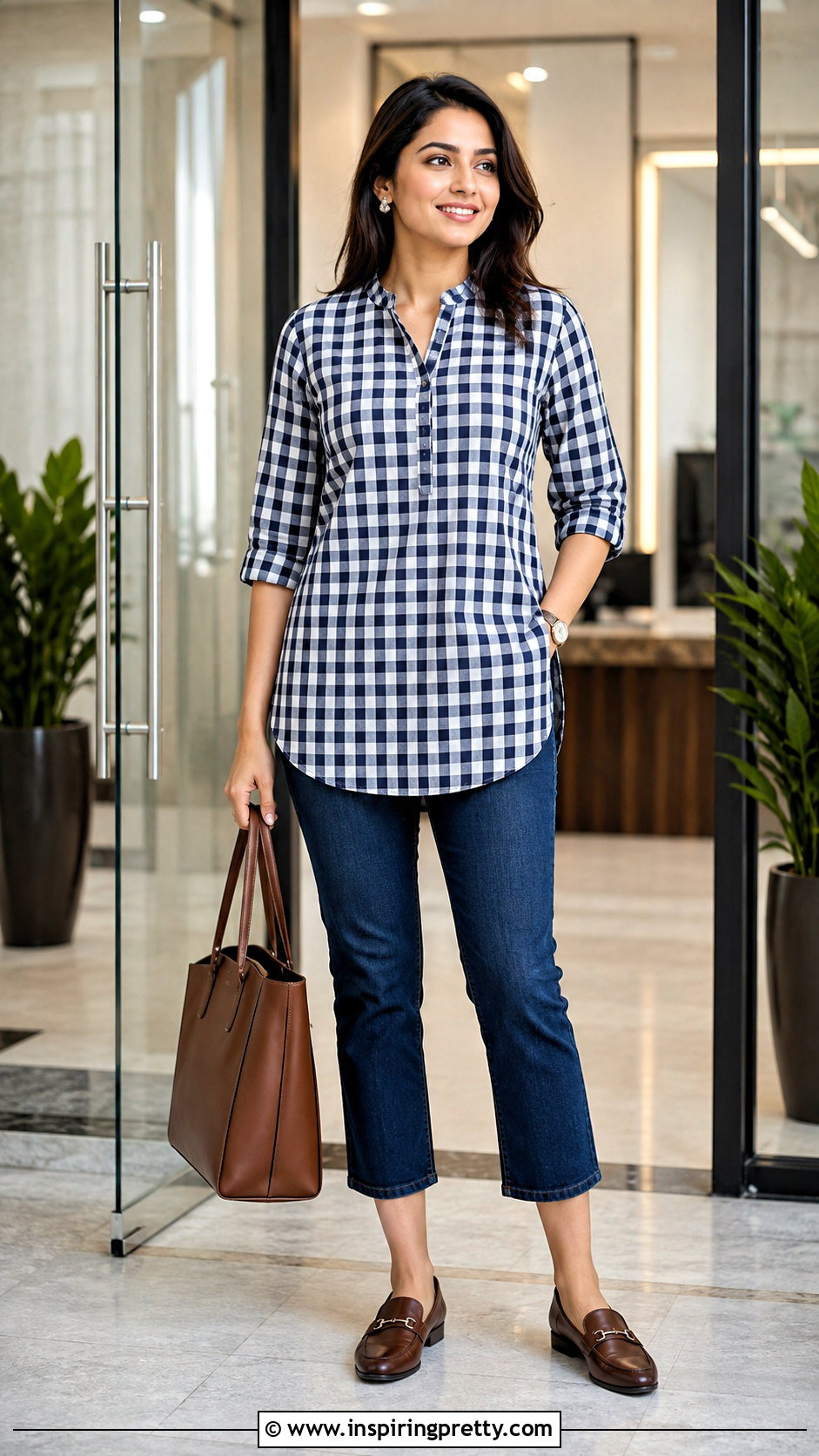 Checks Short Kurti With Cropped Jeans - 50 short kurti tops for jeans