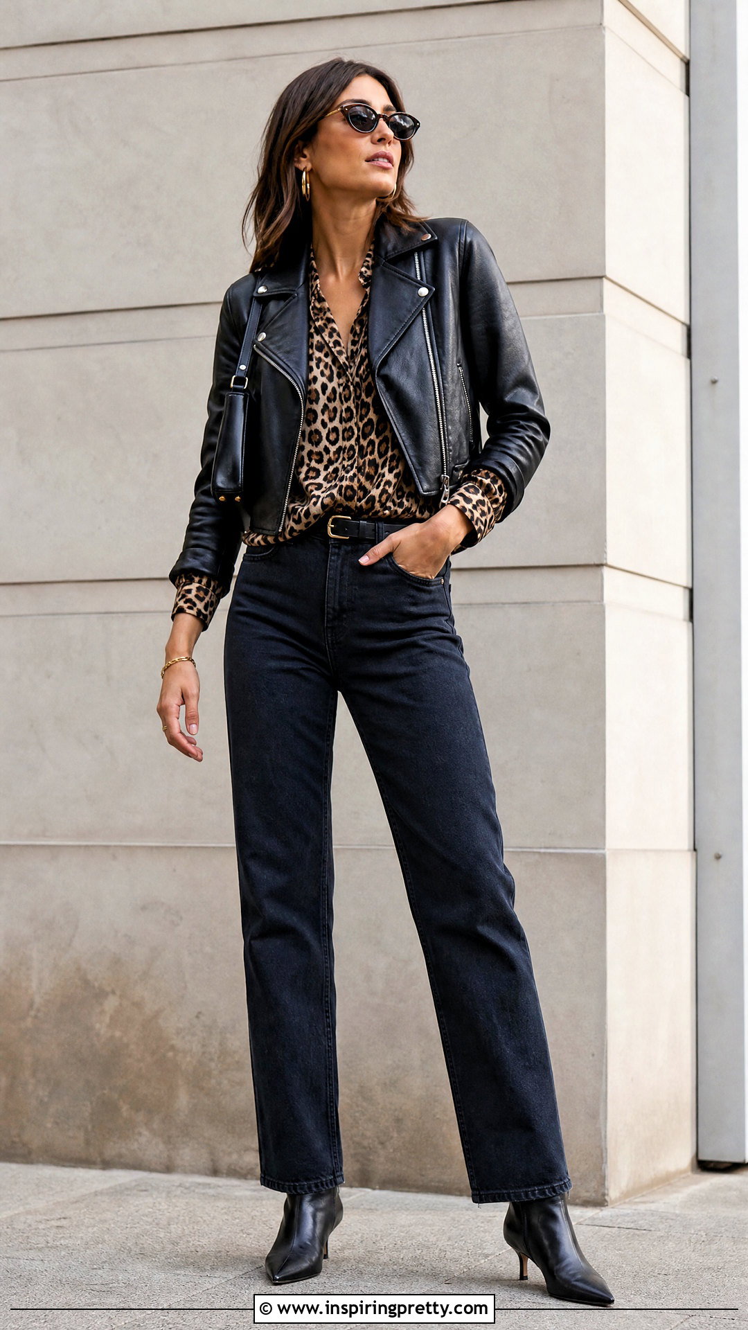 Cheetah Print Top With Leather Jacket - 50 cheetah print top outfit ideas