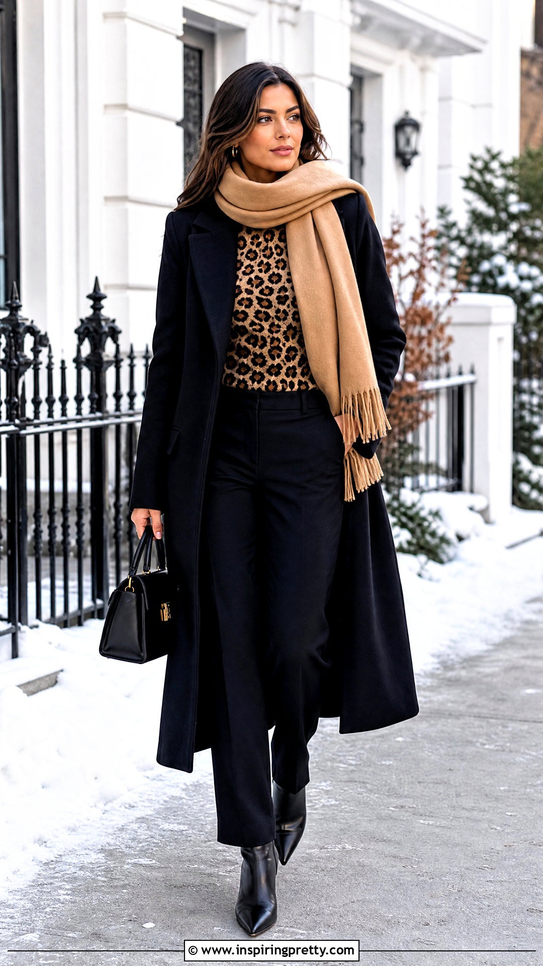 Cheetah Print Top With Long Black Coat - 50 cheetah print top outfit ideas