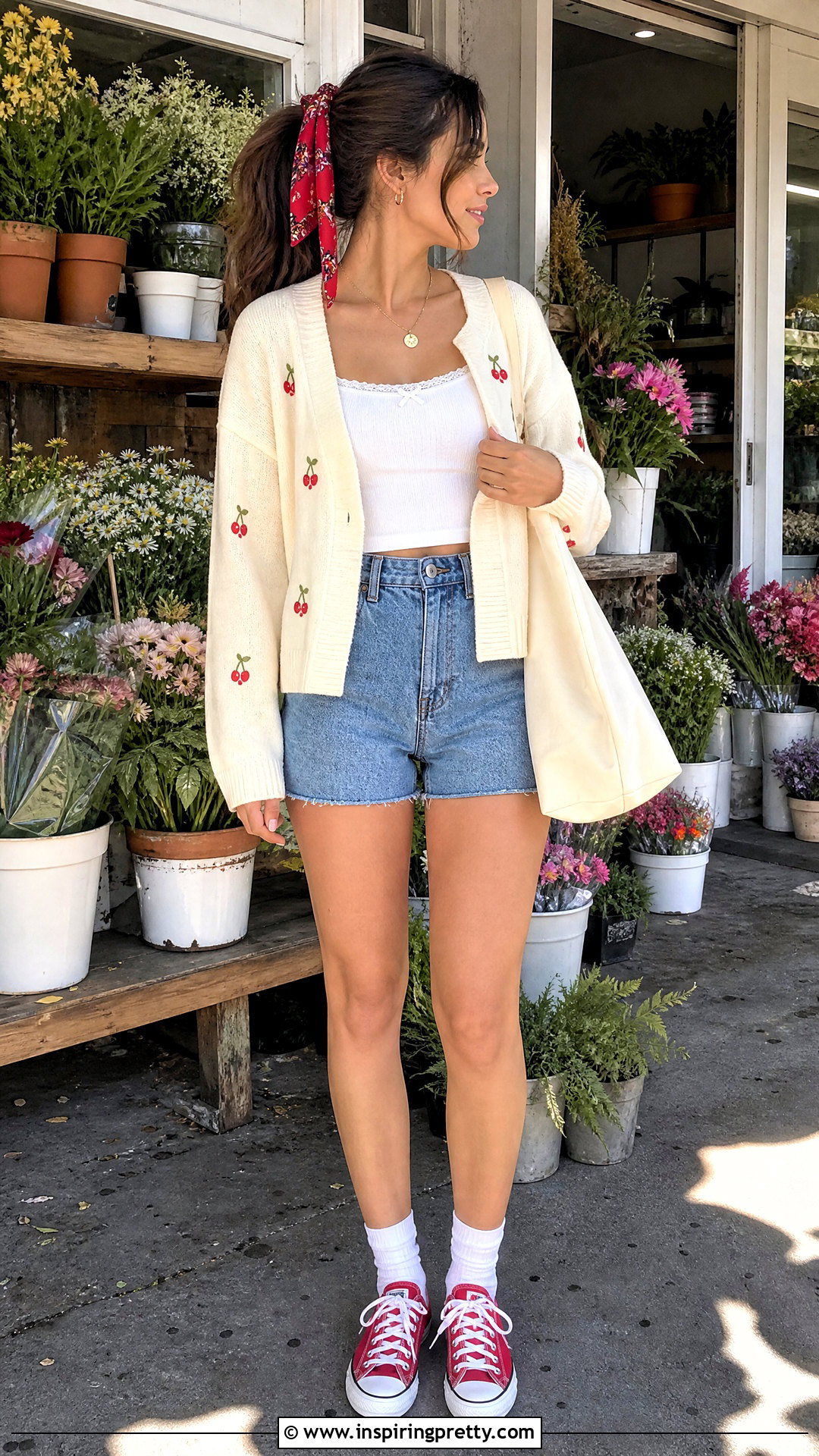 Cherry Cardigan Cutecore Top With Denim Shorts - 50 Cutecore Top outfit ideas