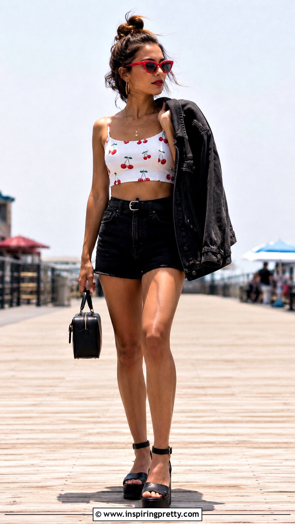 Cherry Fruit Crop Top With Black Denim Shorts - 25 fruit crop top outfit ideas
