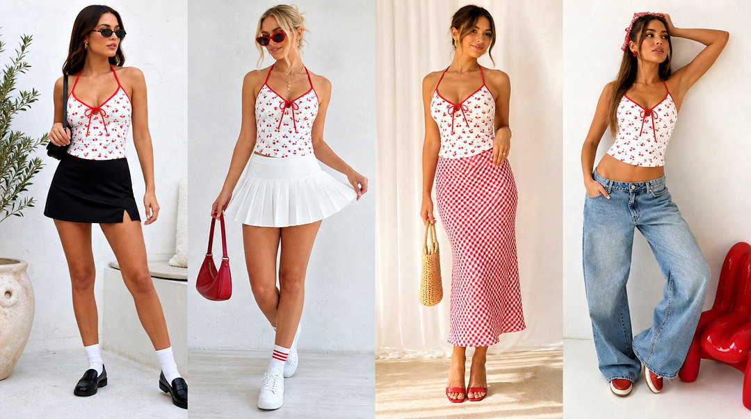 20 Cherry Print Halter Top Outfit Ideas for Sweet Summer Style