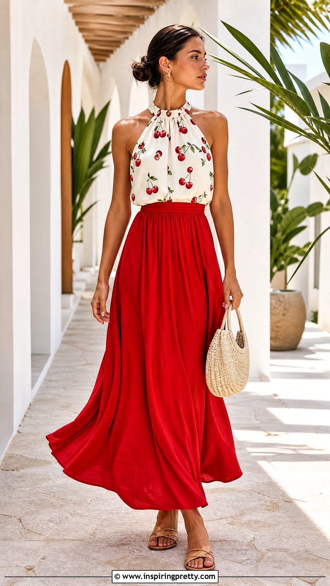 Cherry Print Halter Top With Red Maxi Skirt - 20 cherry print halter top outfit ideas
