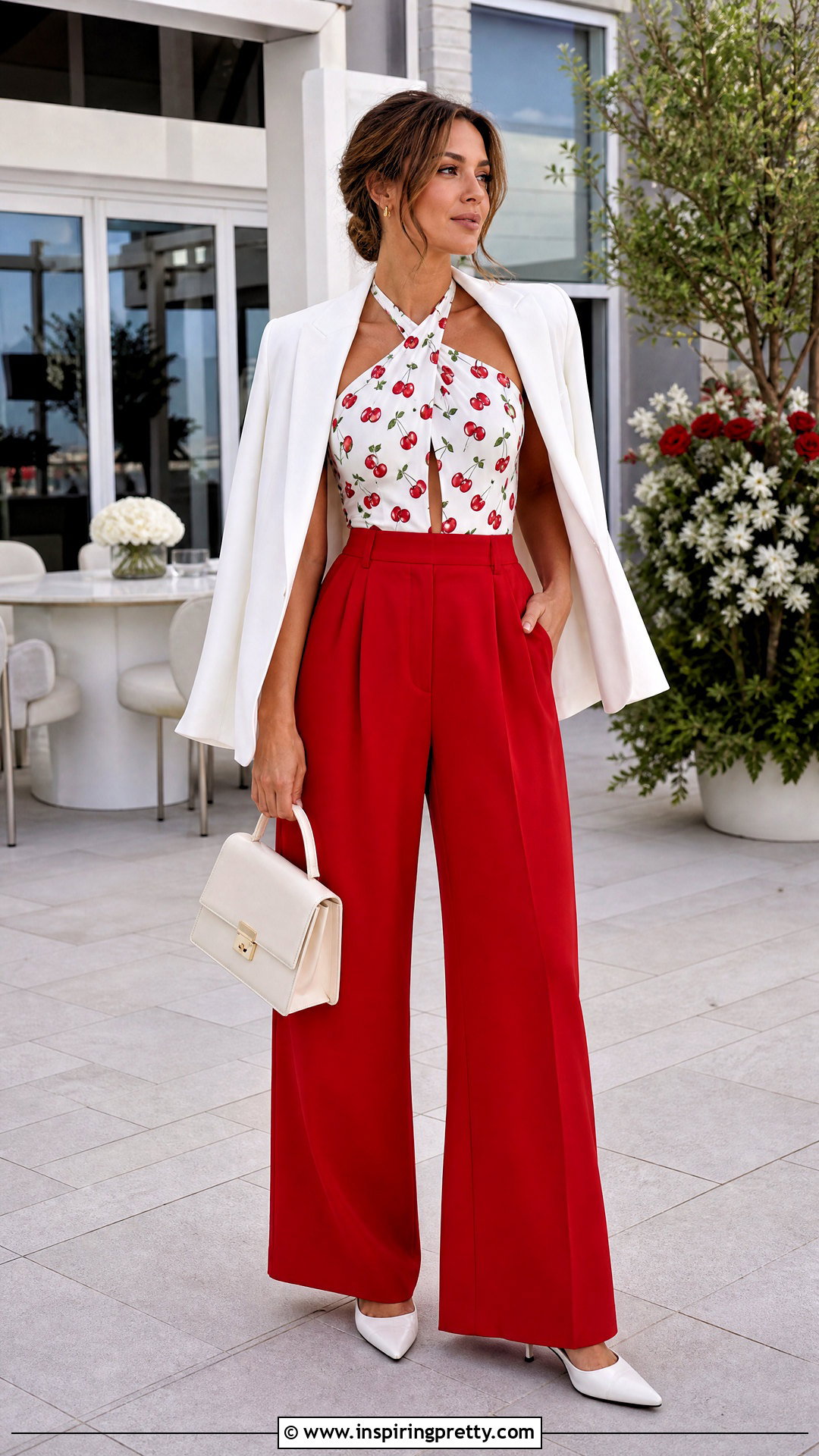 Cherry Print Halter Top With Red Tailored Trousers - 20 cherry print halter top outfit ideas