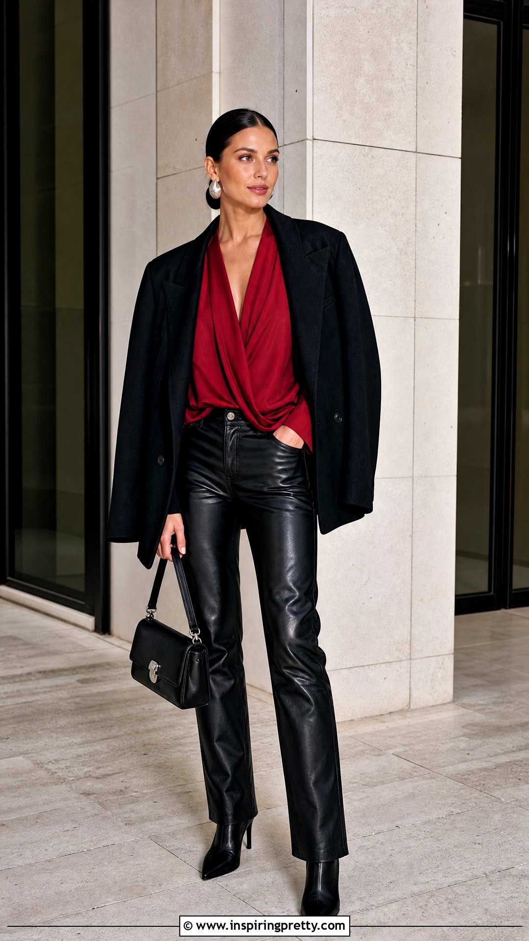 Cherry Red Top With Black Leather Pants - 50 cherry red top outfit ideas