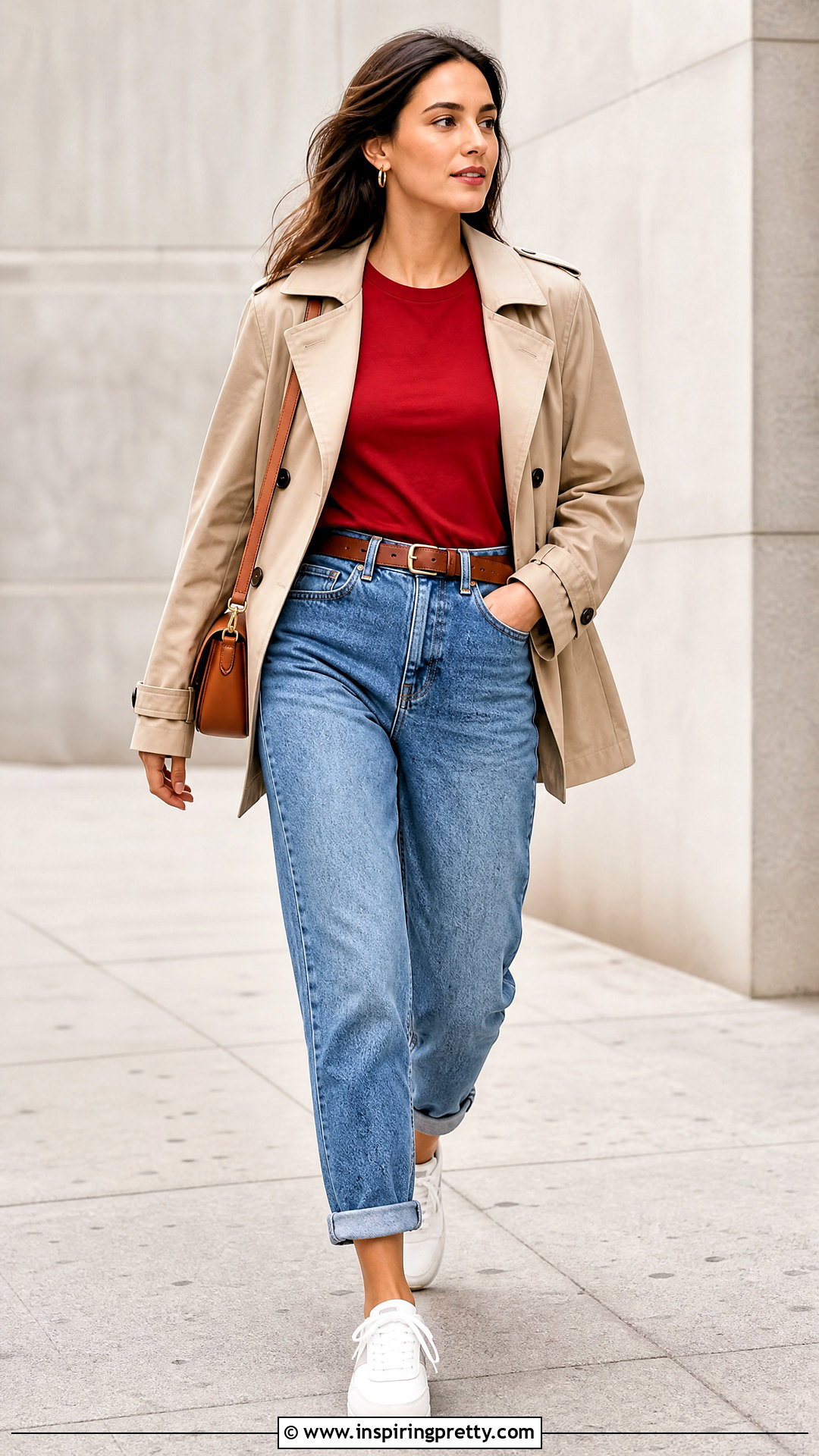 Cherry Red Top With Cuffed Mom Jeans - 50 cherry red top outfit ideas