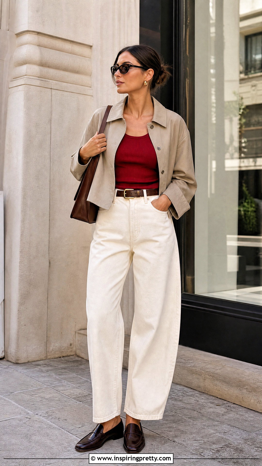 Cherry Red Top With Ecru Barrel Jeans - 50 cherry red top outfit ideas