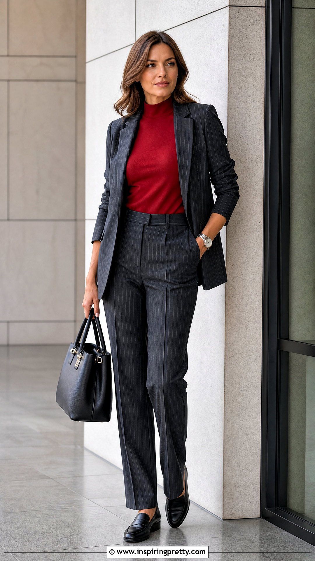 Cherry Red Top With Pinstripe Trousers - 50 cherry red top outfit ideas