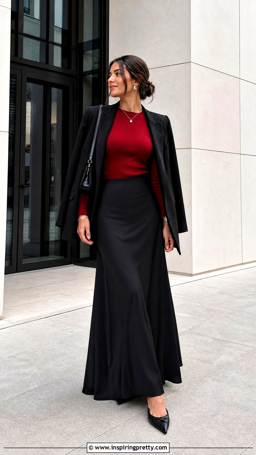 Cherry Red Top With a Black Maxi Skirt - 50 cherry red top outfit ideas