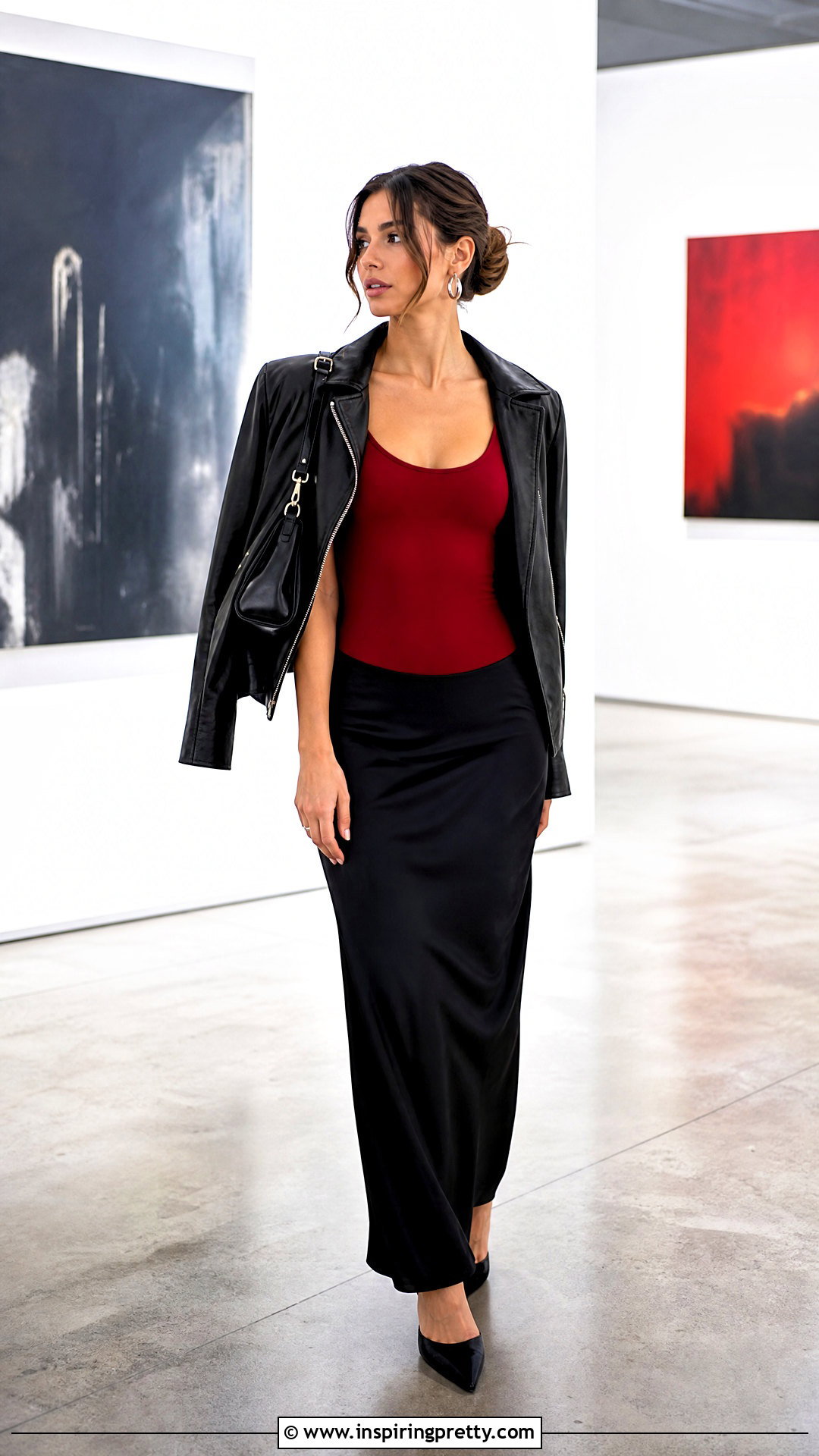Cherry Red Top With a Black Slip Skirt - 50 cherry red top outfit ideas