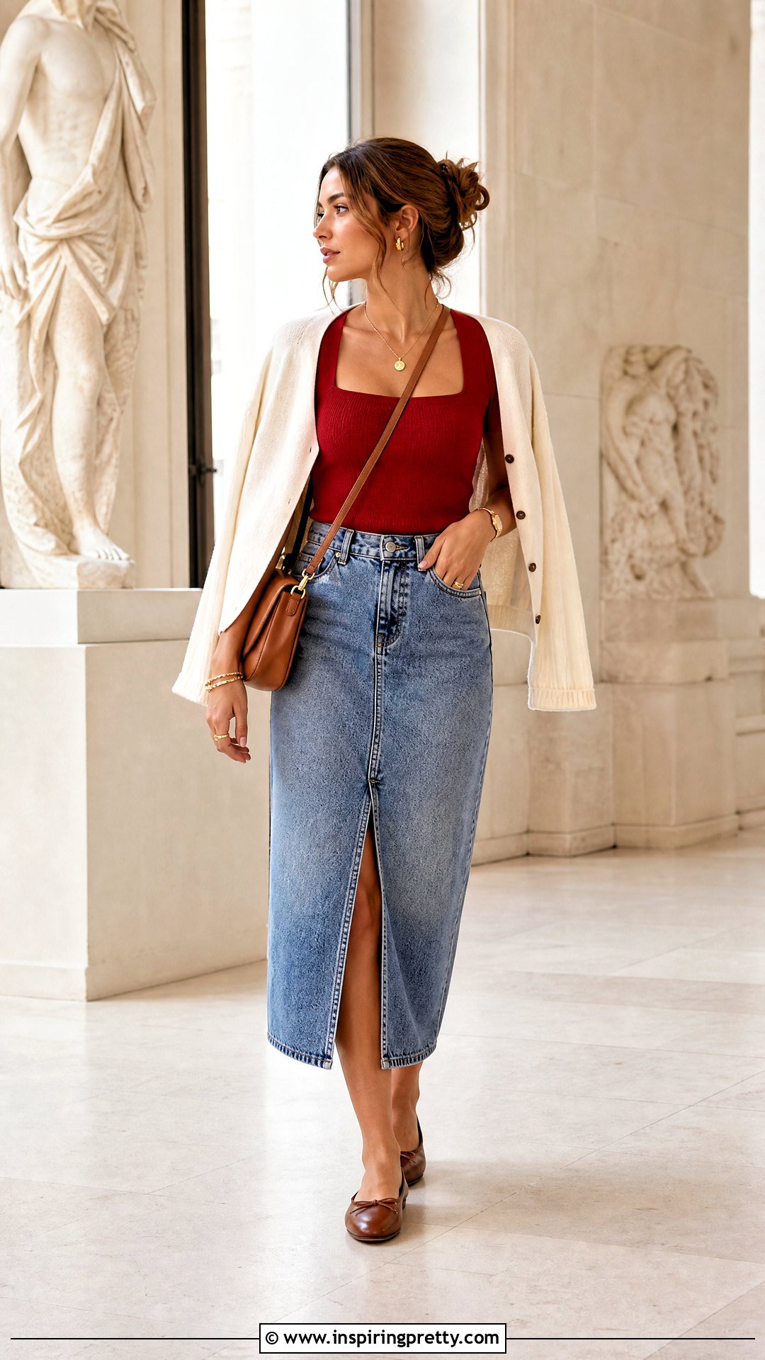 Cherry Red Top With a Denim Midi Skirt - 50 cherry red top outfit ideas