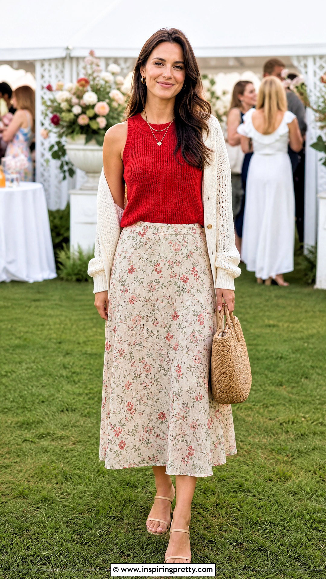 Cherry Red Top With a Floral Midi Skirt - 50 cherry red top outfit ideas