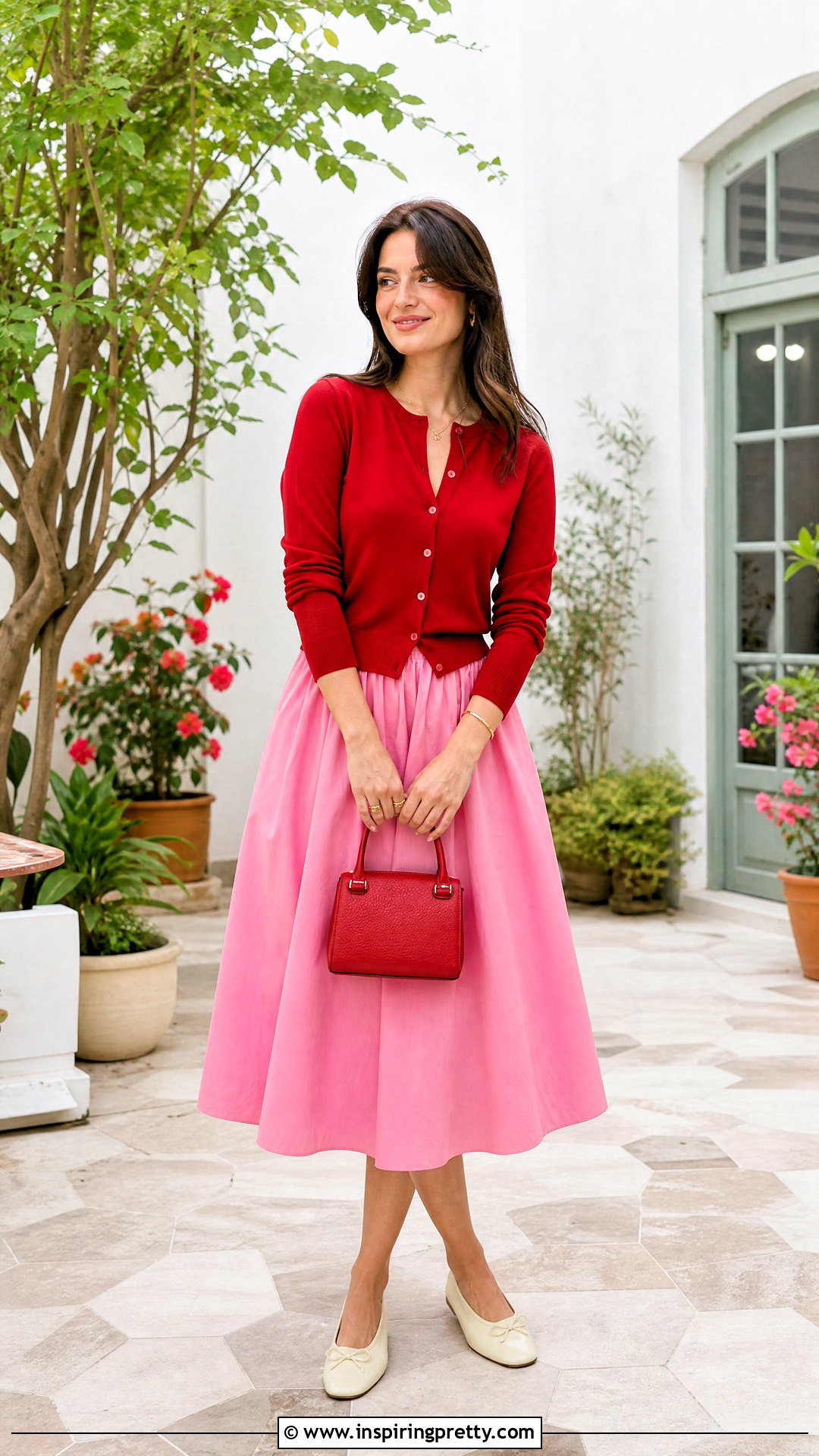 Cherry Red Top With a Pink Midi Skirt - 50 cherry red top outfit ideas