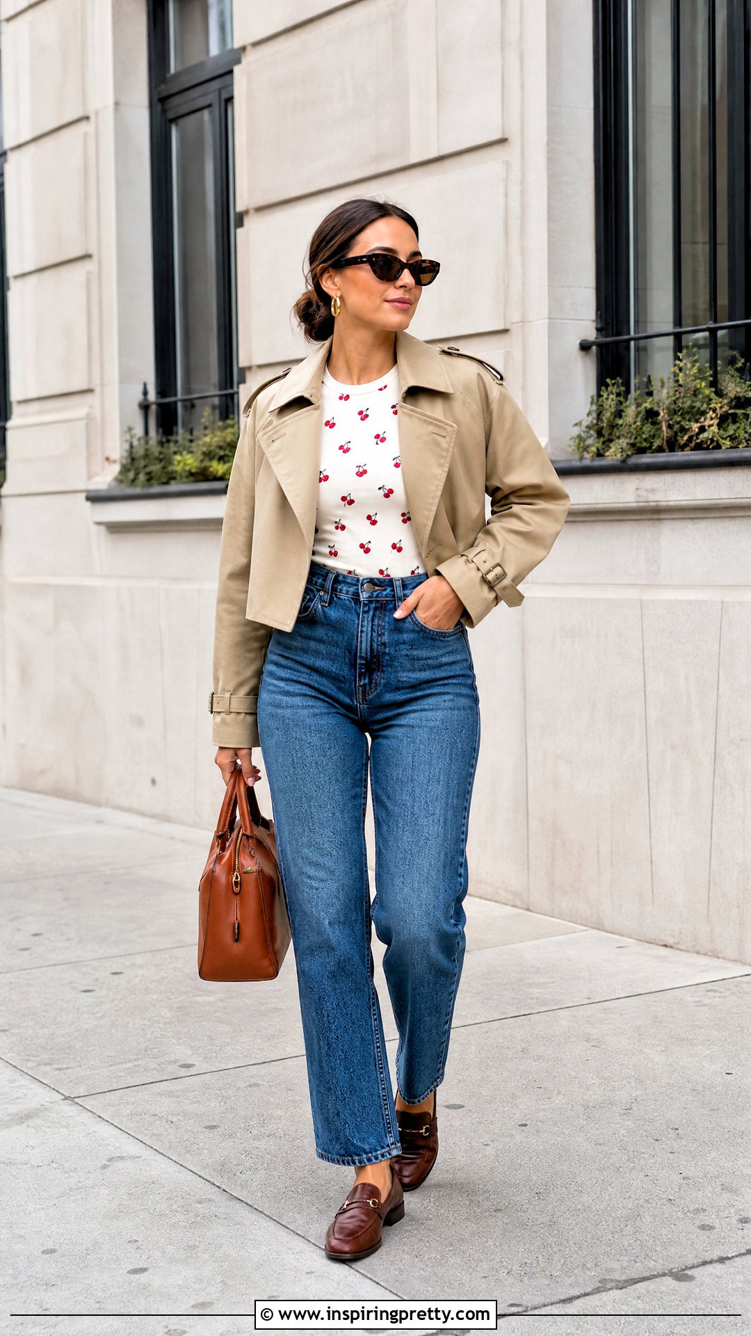 Cherry Top With Cropped Trench And Jeans - 50 cherry top outfit ideas